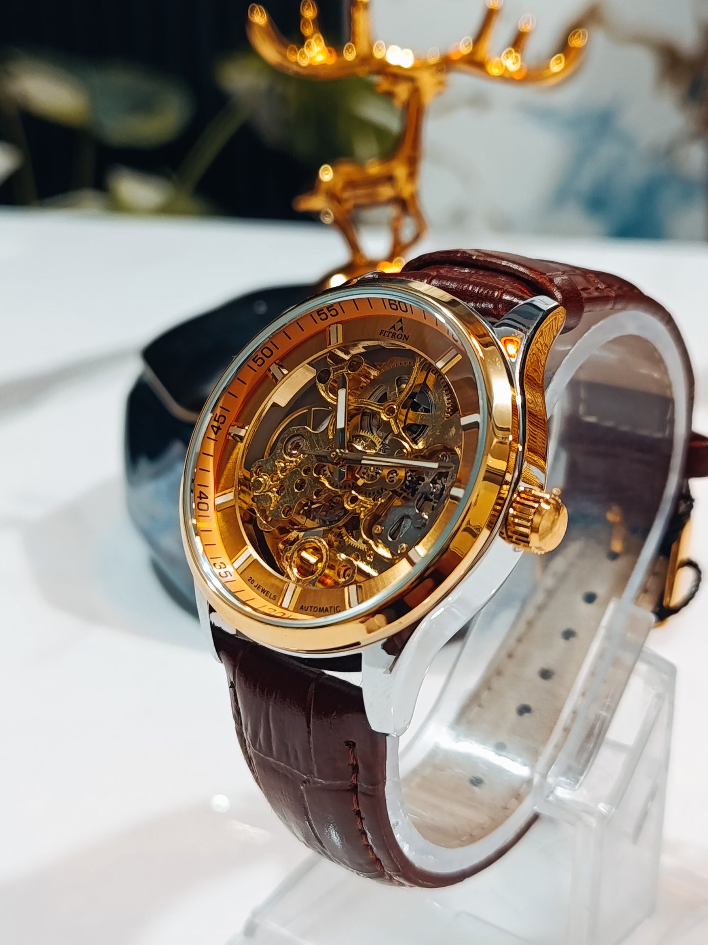 Fitron Skeleton Yellow Gold Dial Dial Brown Leather Strap Men's Watch