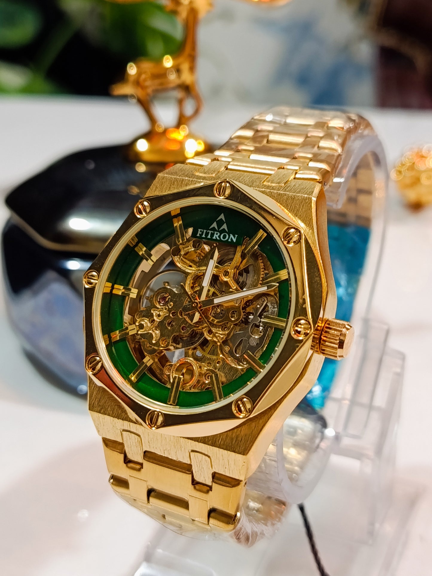 Fitron Men's Green Dial Automatic Skeleton Watch