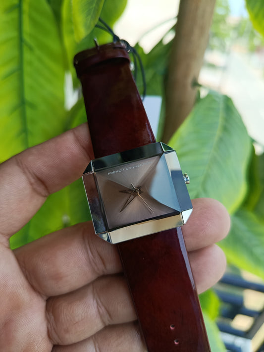 French Connection Women's Maroon Leather Strap Watch