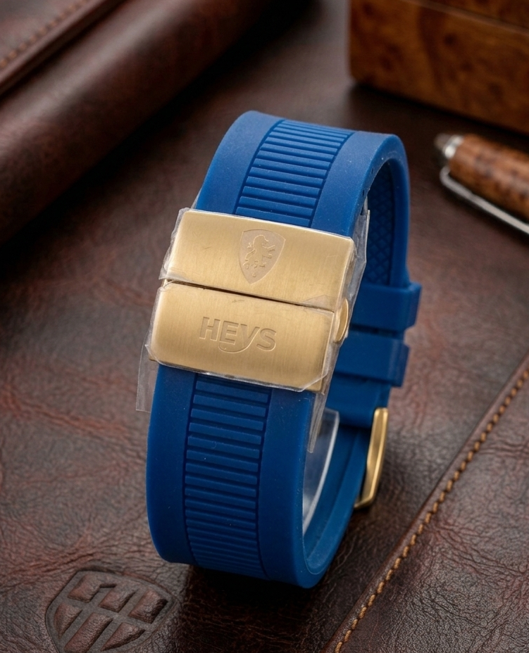 HEYS Men's Chronograph Diver Watch – Blue & Gold | Blue Silicone Strap | Date Window