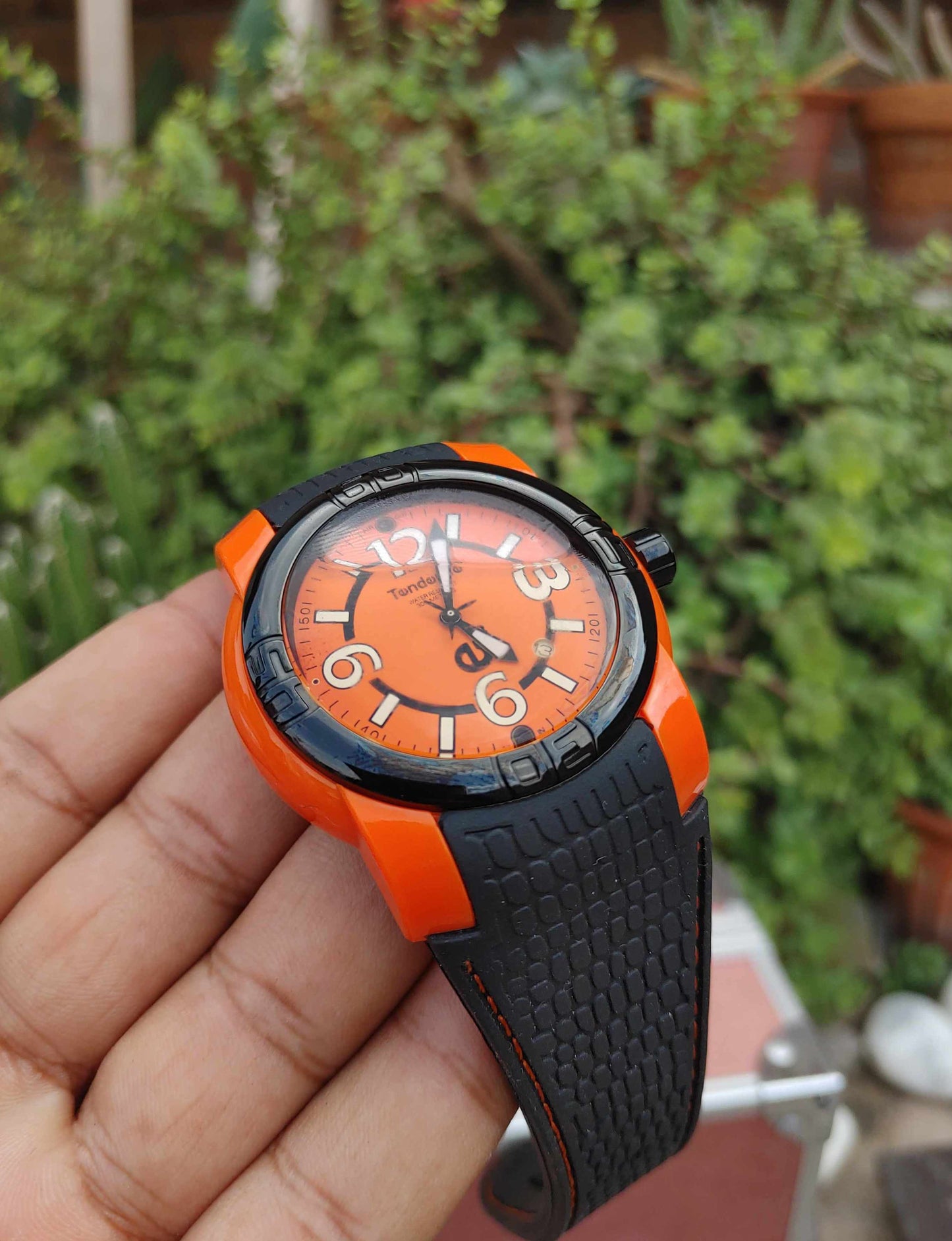 Tenedence Wrist Watch Orange Dial Black Rubber Straps