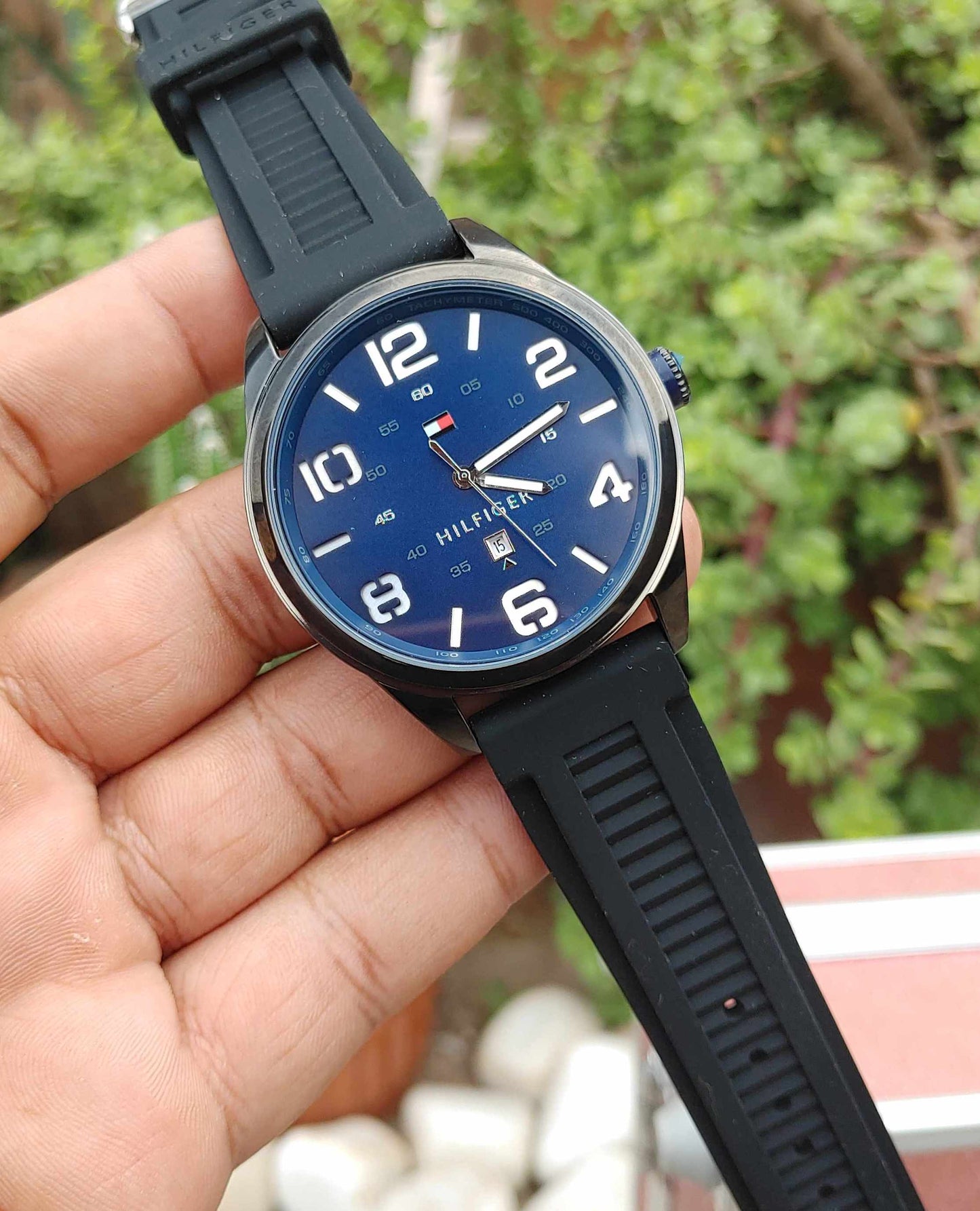 Tommy Hilfiger Blue Dial Black Rubber Strap Watch for Men