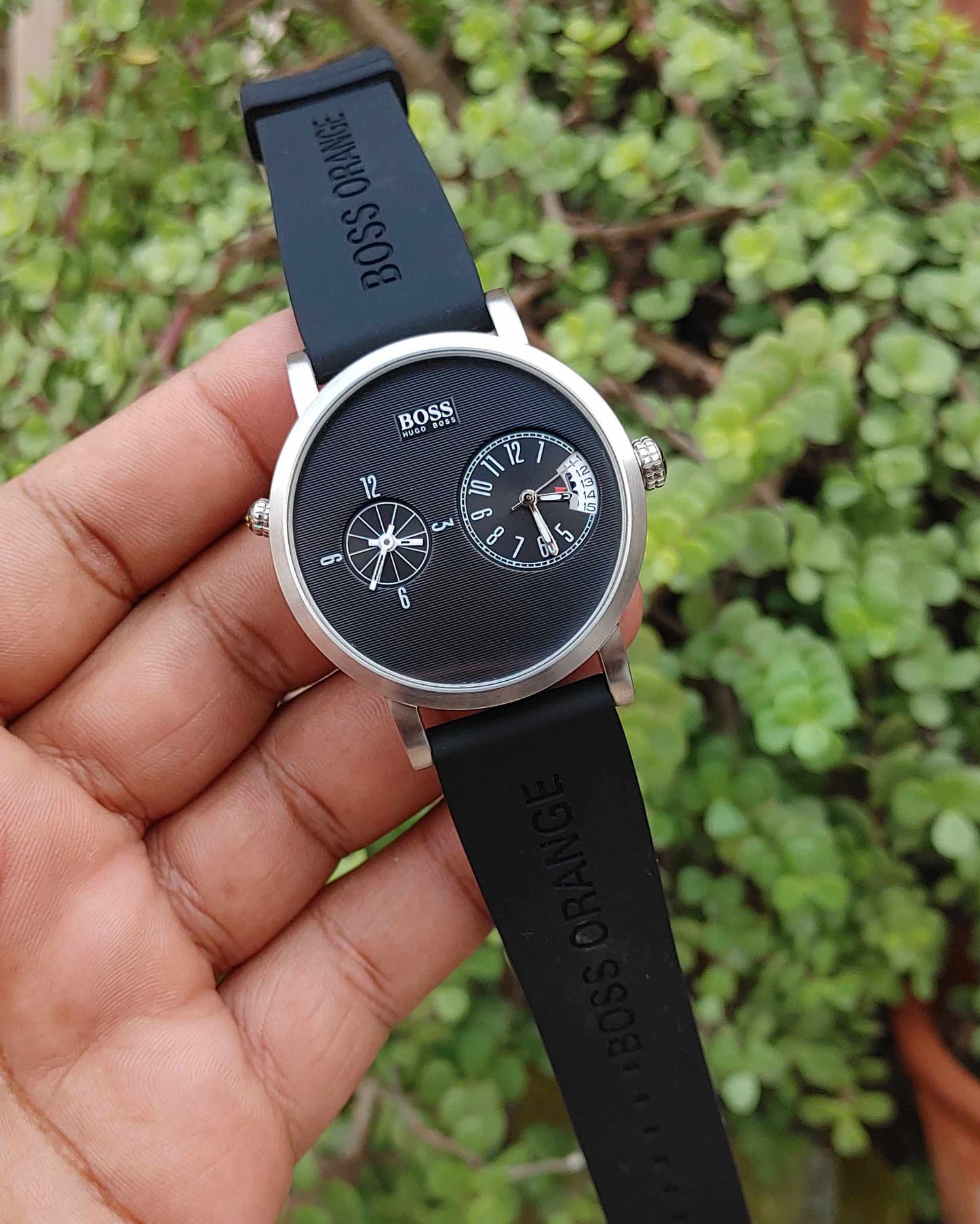 Hugo Boss Slim Dual Time Wrist Watch For Men Stainless Steel Case Rubber Straps