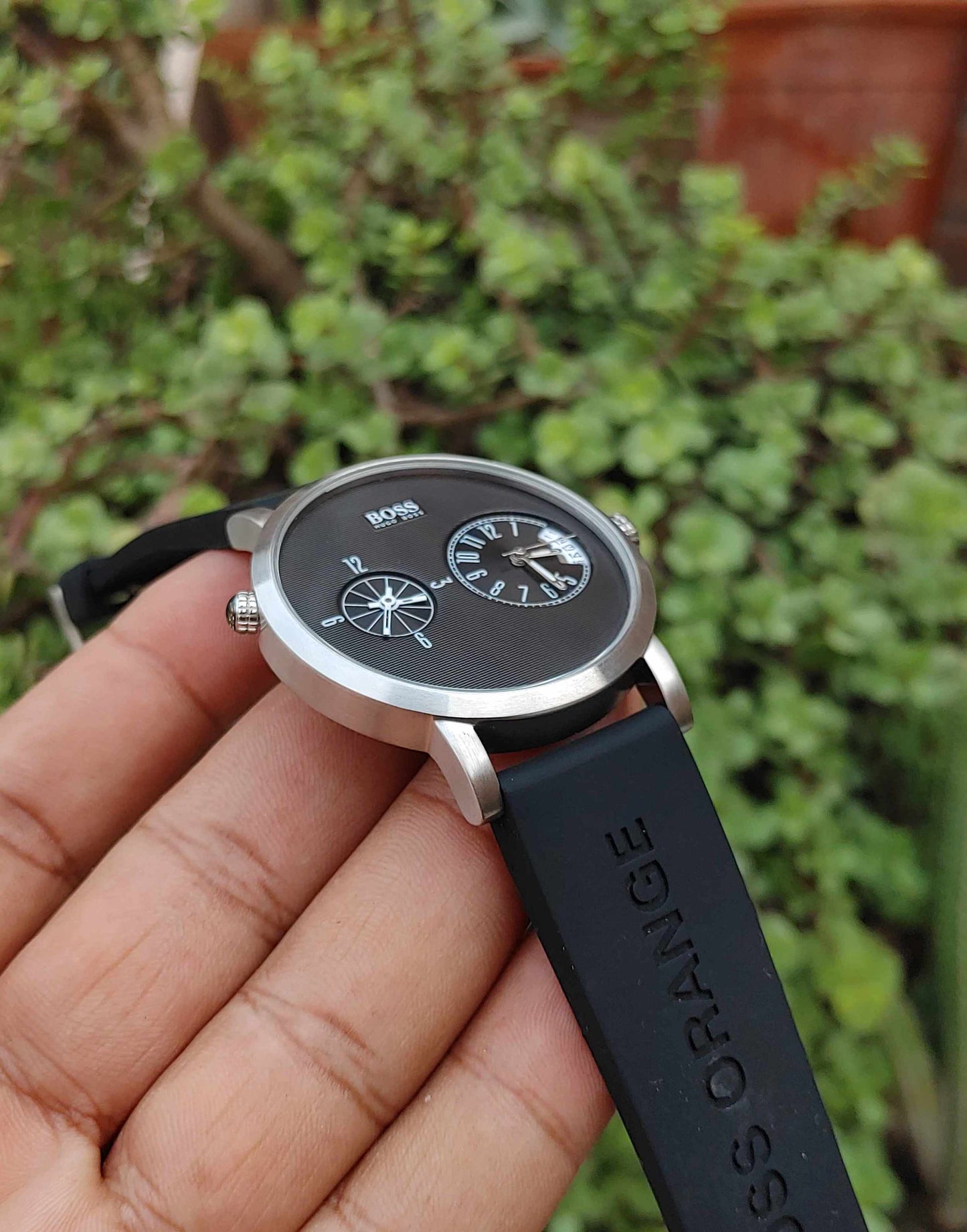 Hugo Boss Slim Dual Time Wrist Watch For Men Stainless Steel Case Rubber Straps