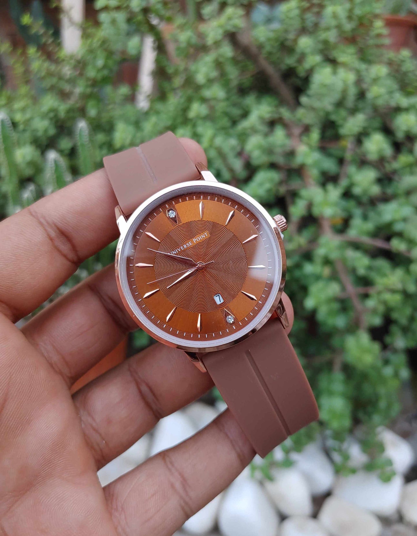 Universe Point Golden Case Brown Rubber Strap Magnatic Lock Watch for Men