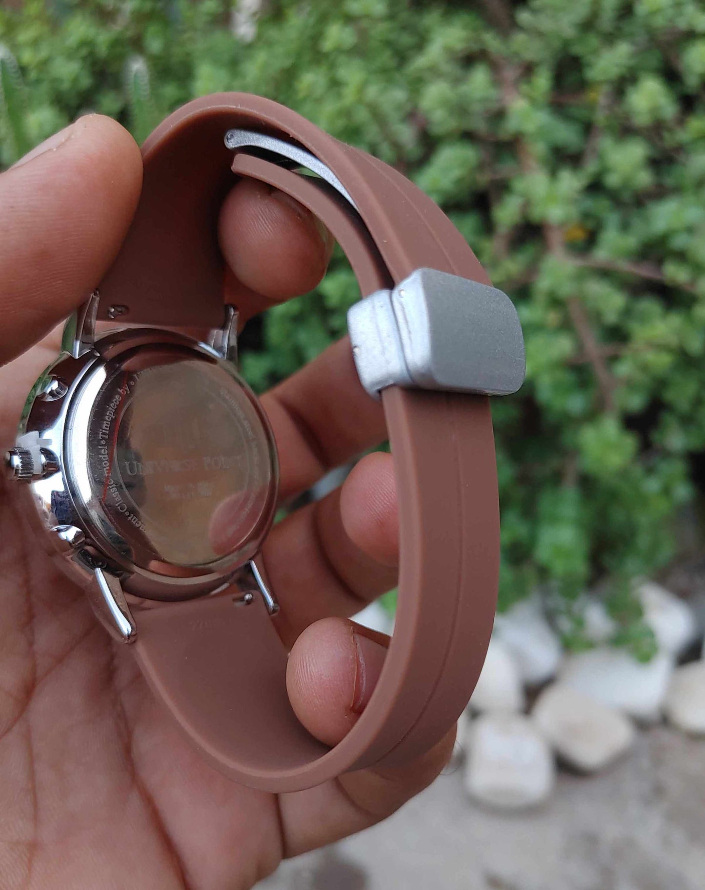 Universe Point Brown Dial Case Silver Rubber Strap Watch for Men