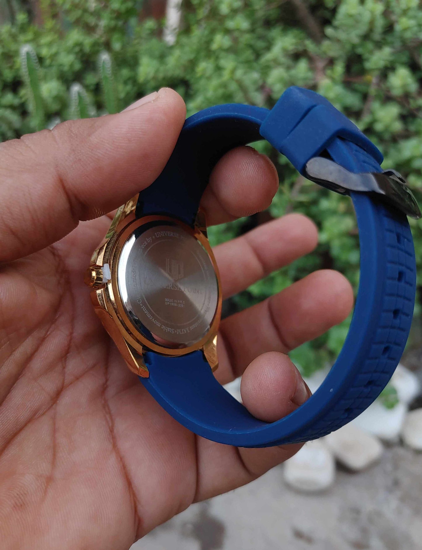 Universe Point Blue Dial Gold Case Rubber Strap Watch for Men