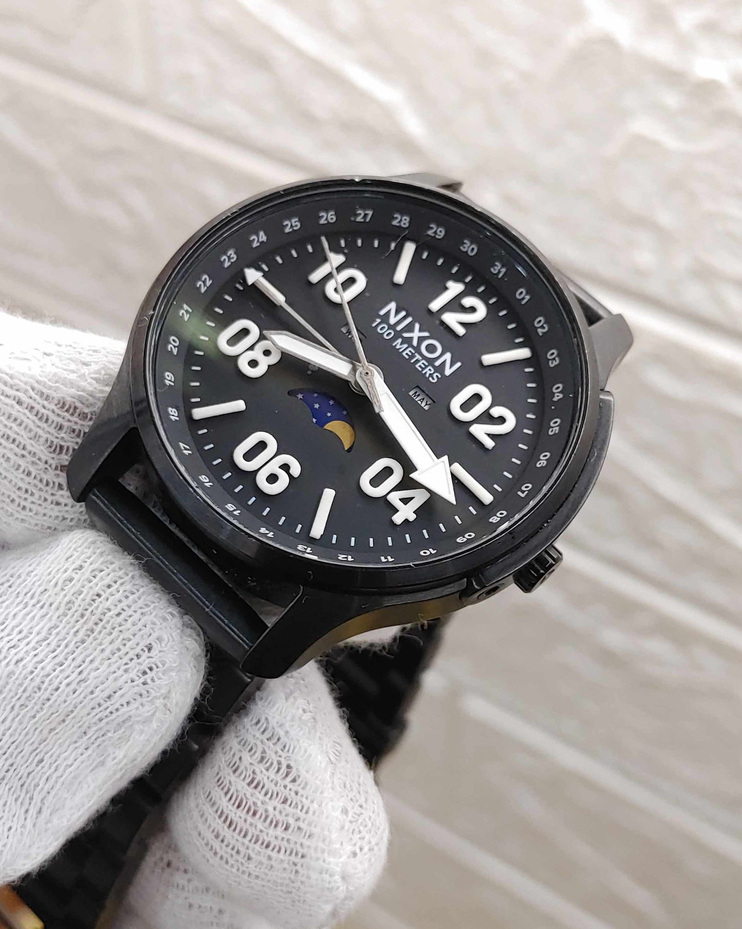 Nixon Black Stainless Steel Moonphase Watch For Men
