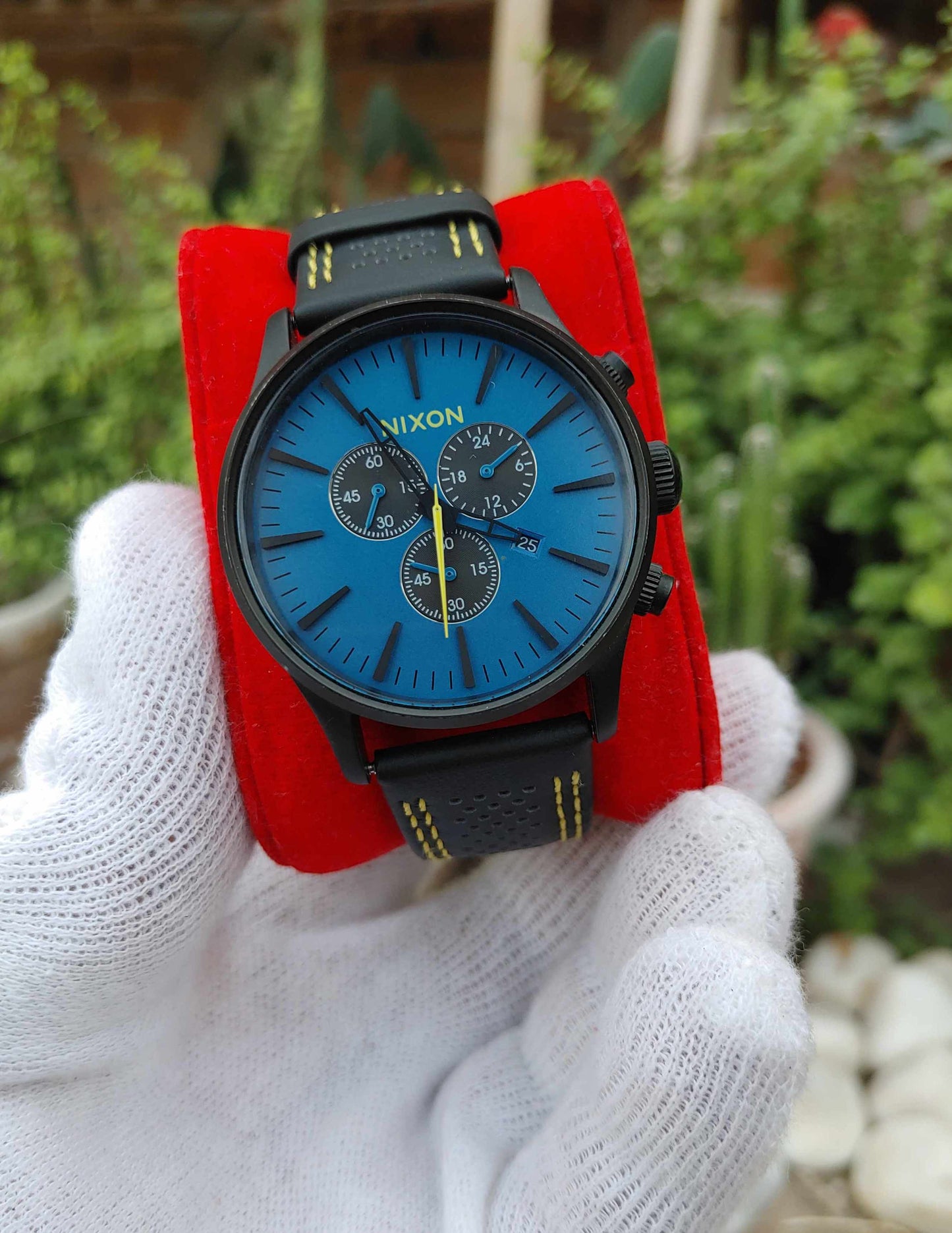 Nixon Blue Dial Chornograph Wrist Watch Stainless Steel Case Leather Strap