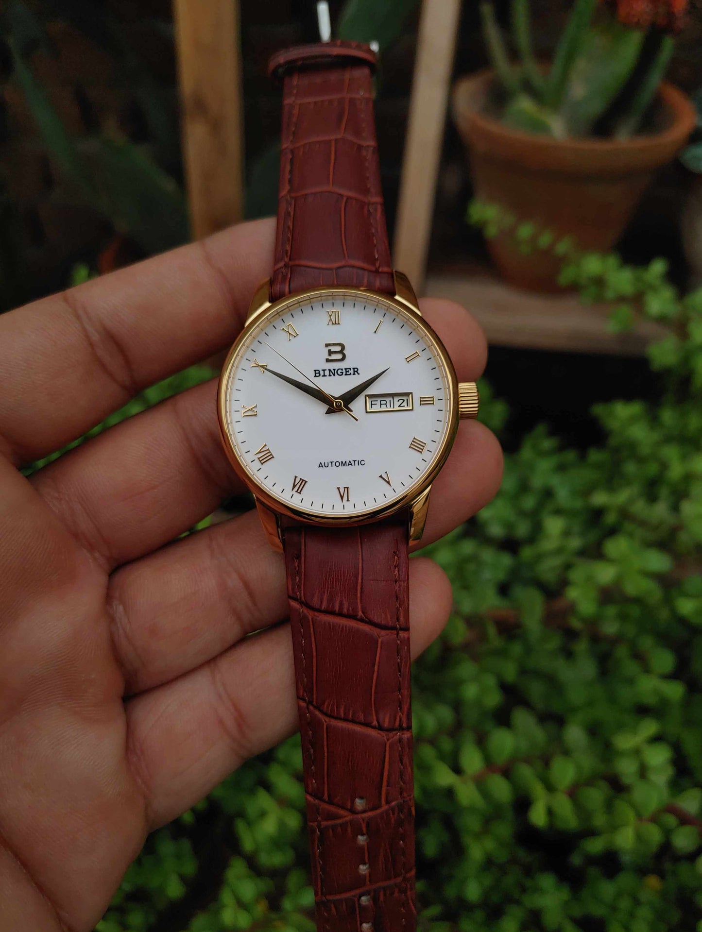 Binger Automatic Leather Strap Wrist Watch For Men White Dial Gold Case