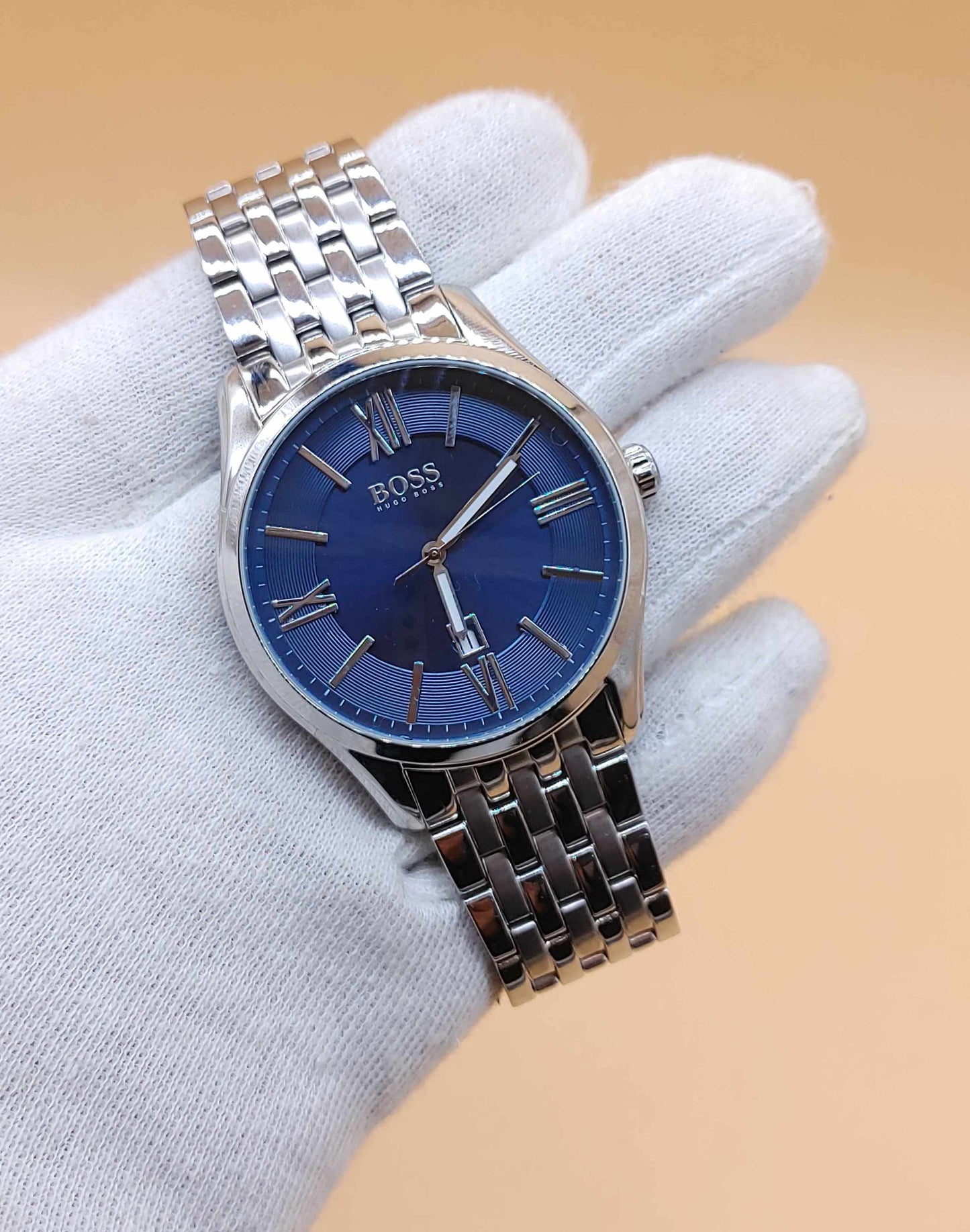 Hugo Boss Blue Dial Stainless-steel Wrist Watch For Men Beautiful Roman Dial