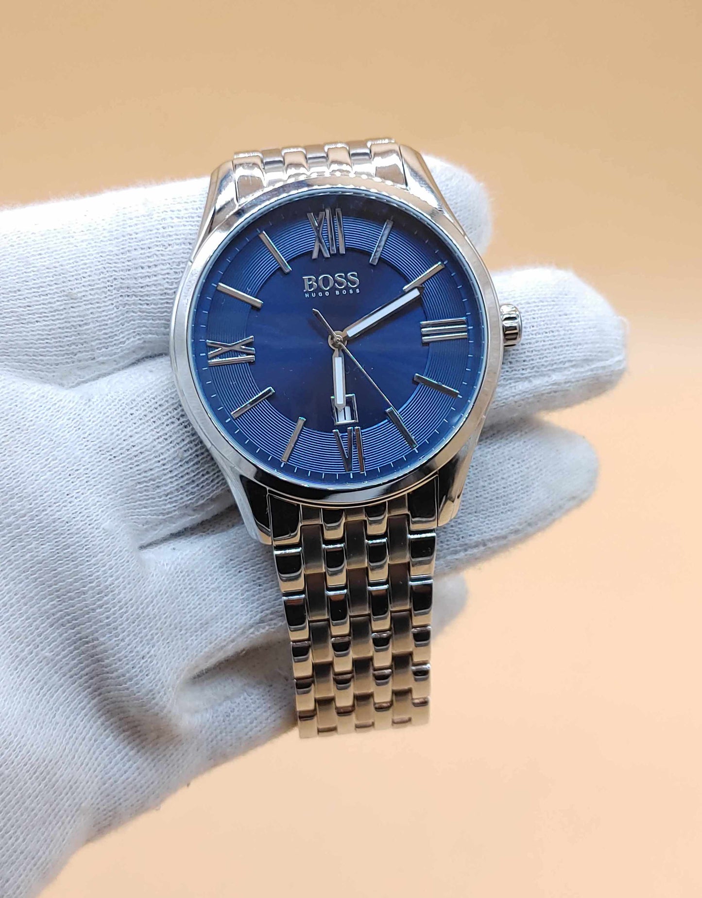 Hugo Boss Blue Dial Stainless-steel Wrist Watch For Men Beautiful Roman Dial