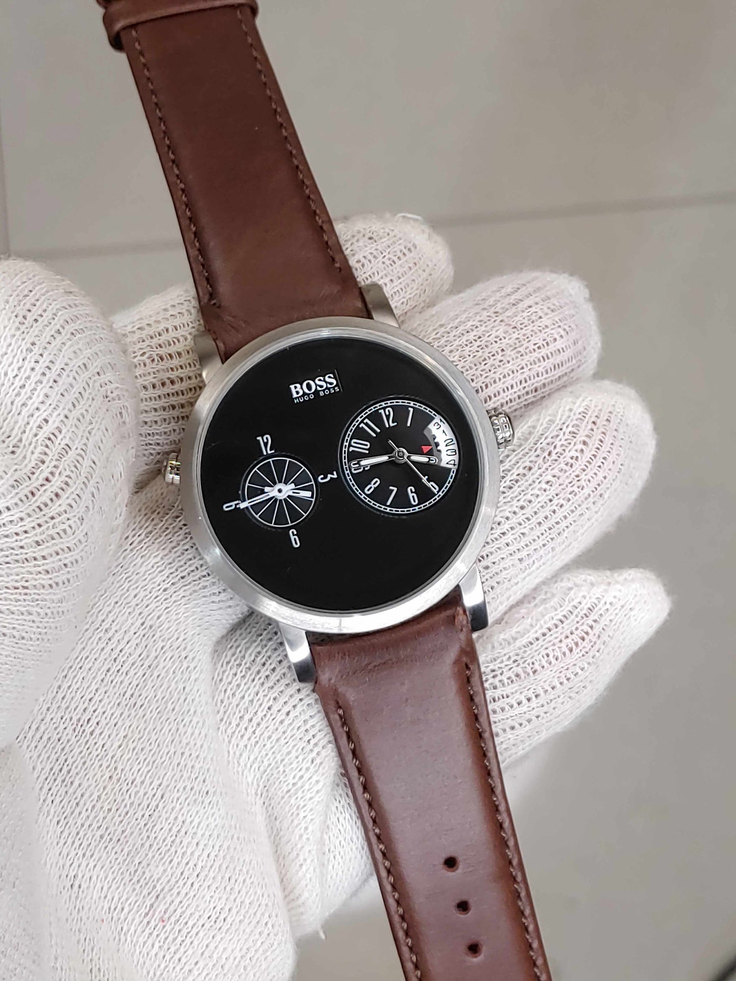 Hugo Boss Dual Time Watch Men in Brown Leather Strap Stainless-steel Case Diameter