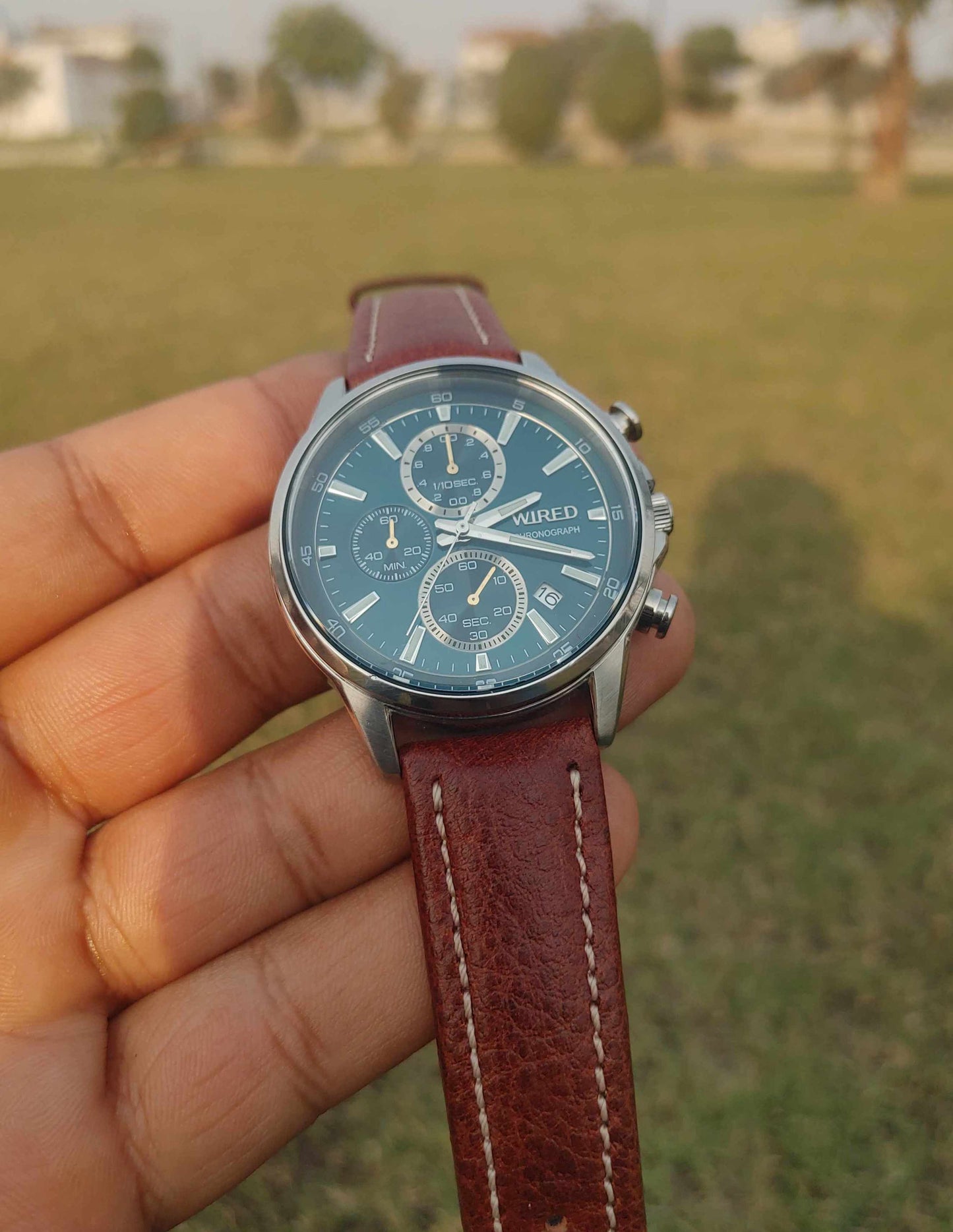 Wired Rare Green Dial Leather Strap Chronograph Watch For Men 41mm Stainless-steel Case