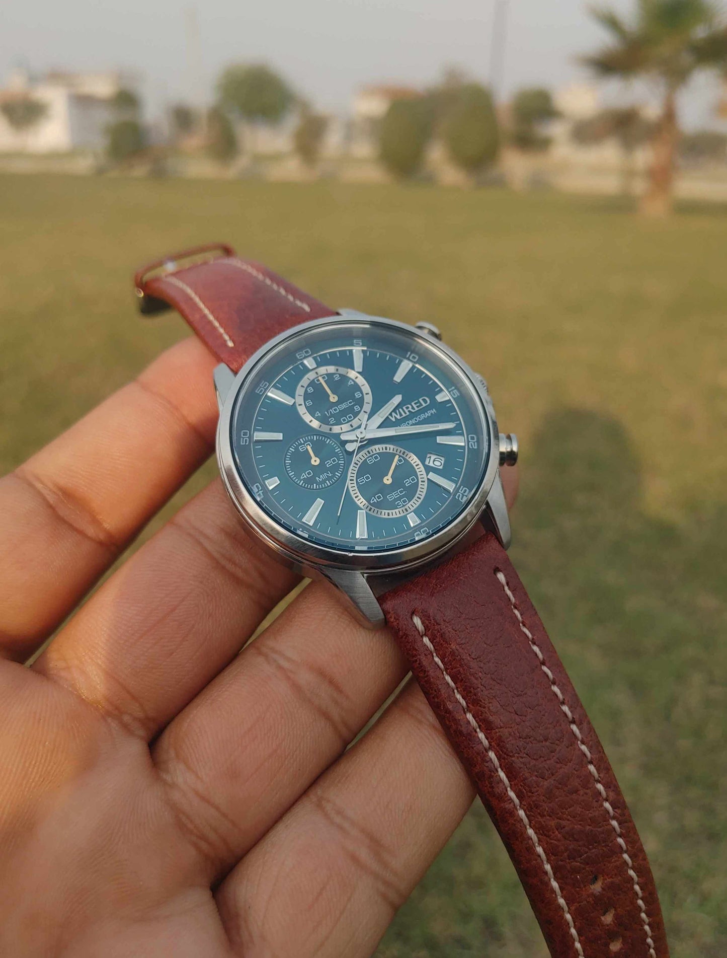 Wired Rare Green Dial Leather Strap Chronograph Watch For Men 41mm Stainless-steel Case