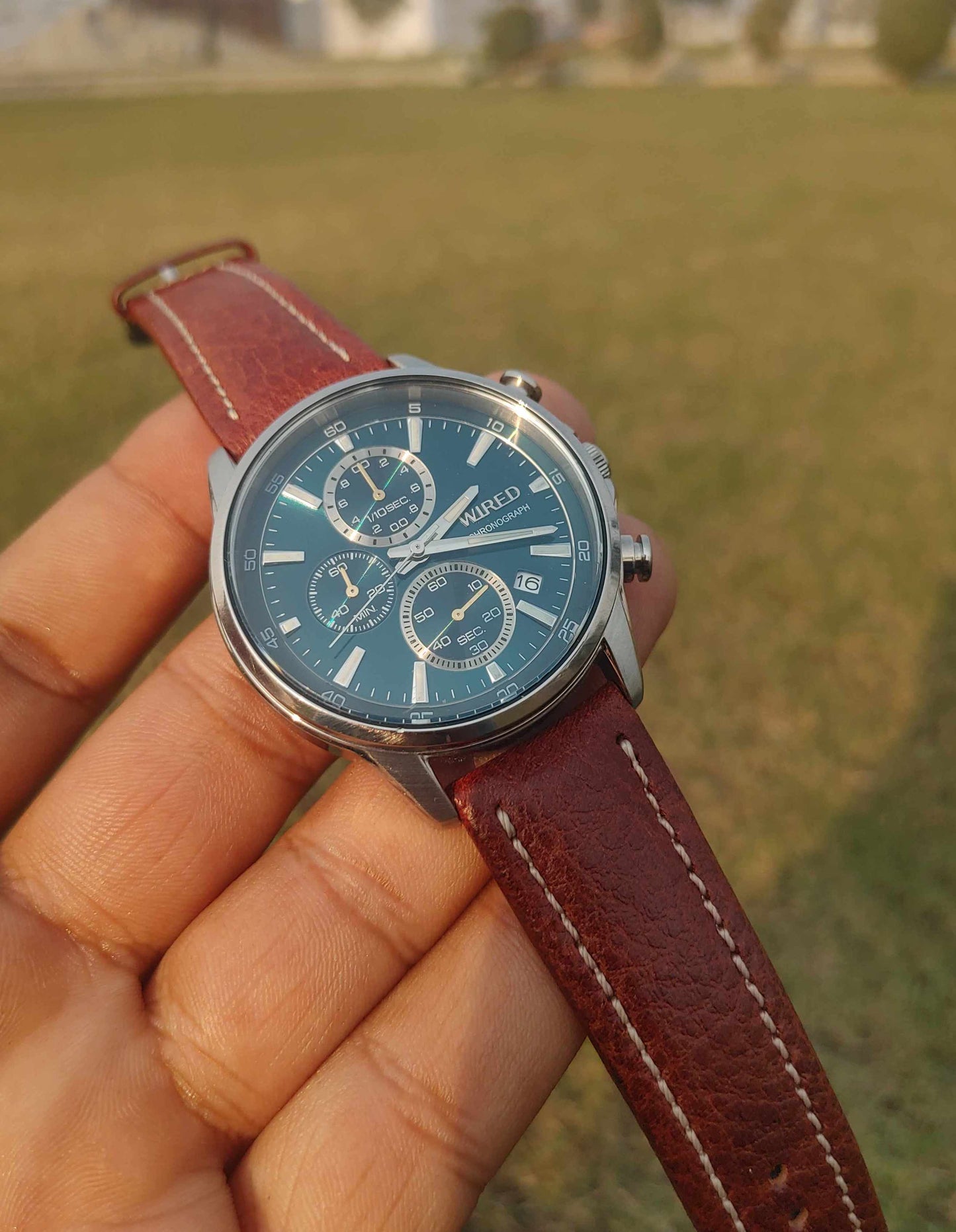 Wired Rare Green Dial Leather Strap Chronograph Watch For Men 41mm Stainless-steel Case