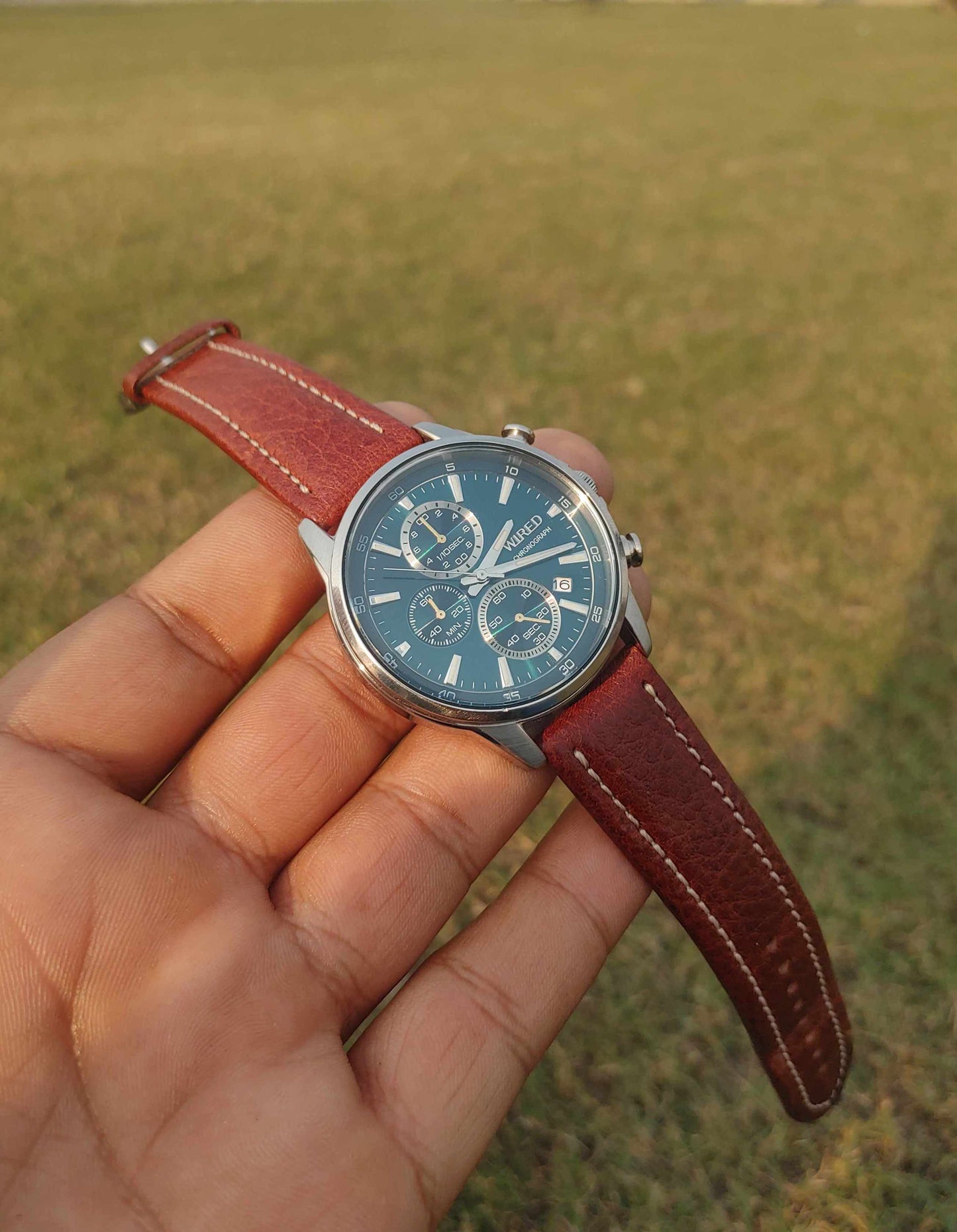 Wired Rare Green Dial Leather Strap Chronograph Watch For Men 41mm Stainless-steel Case