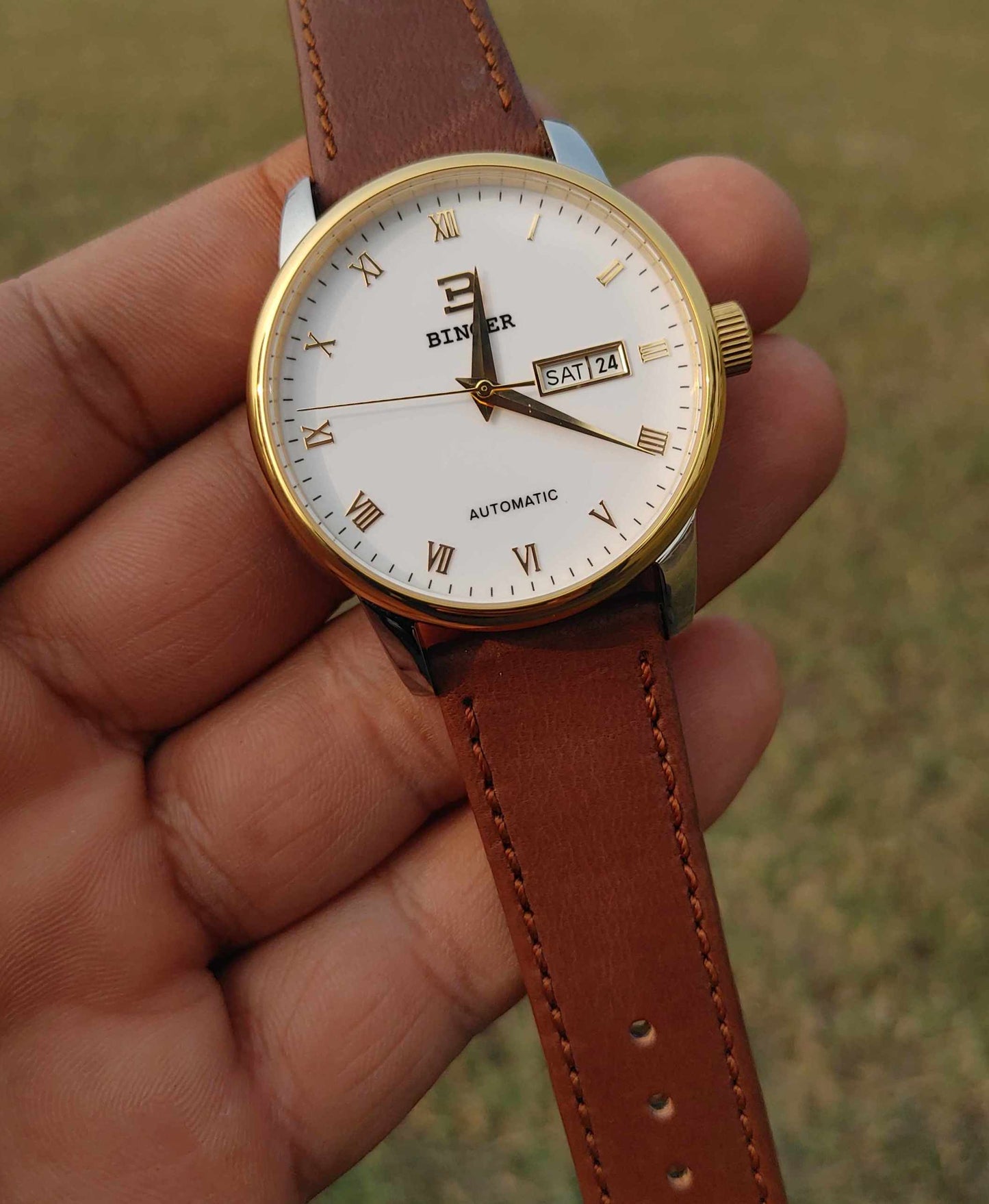 Binger Automatic Light Brown Leather Strap Watch For Men