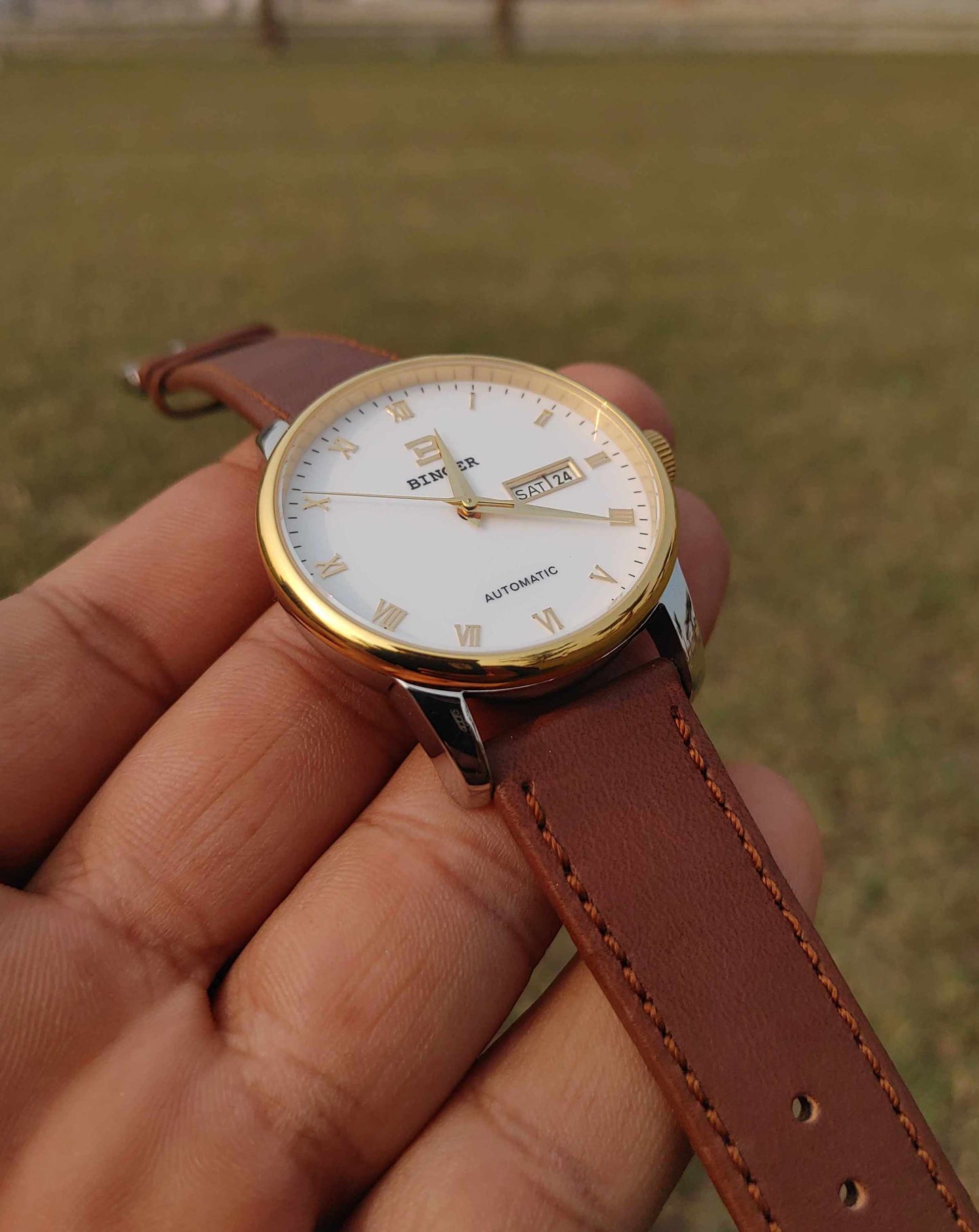 Binger Automatic Light Brown Leather Strap Watch For Men