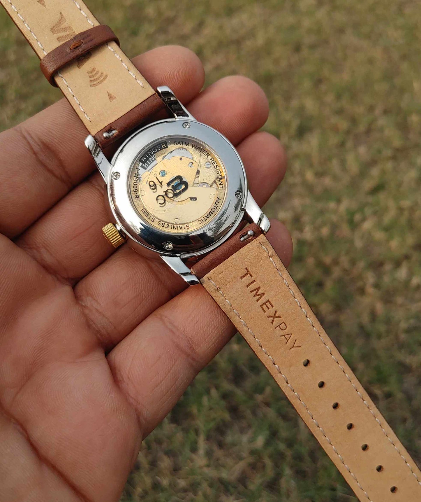 Binger Automatic Light Brown Leather Strap Watch For Men