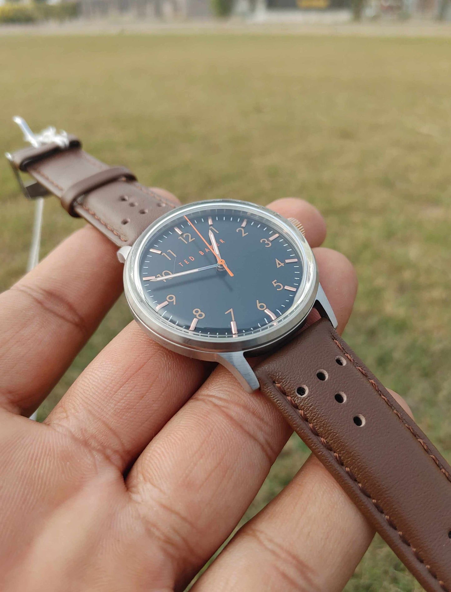 Tedd Baker Leather Strap Orange Needle Wrist Watch For Men