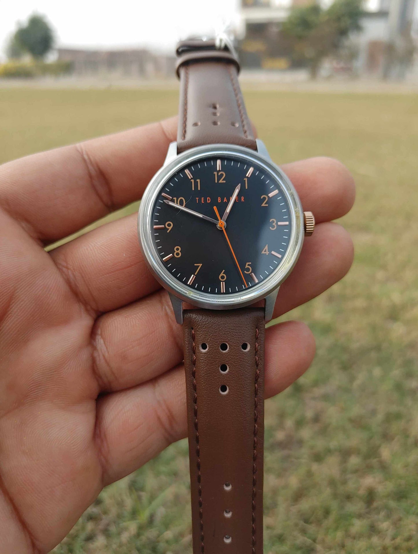 Tedd Baker Leather Strap Orange Needle Wrist Watch For Men