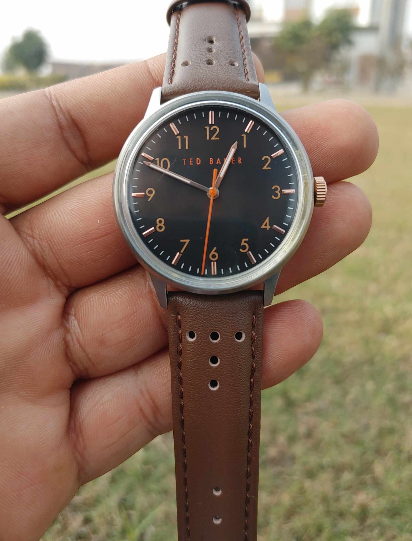 Tedd Baker Leather Strap Orange Needle Wrist Watch For Men