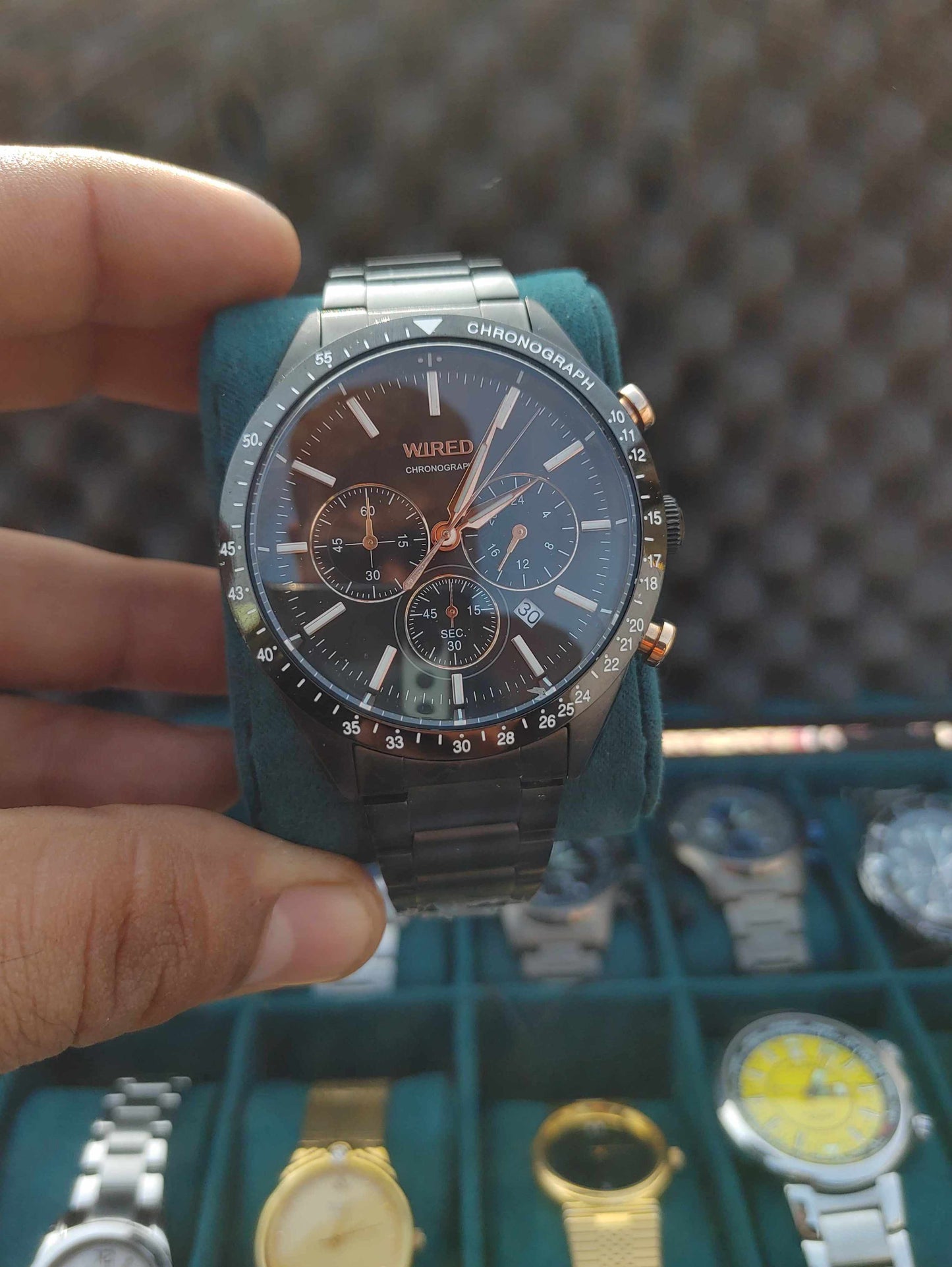 Wired Black Chornograph Watch For Men with Rose Gold Hands Night Illuminous
