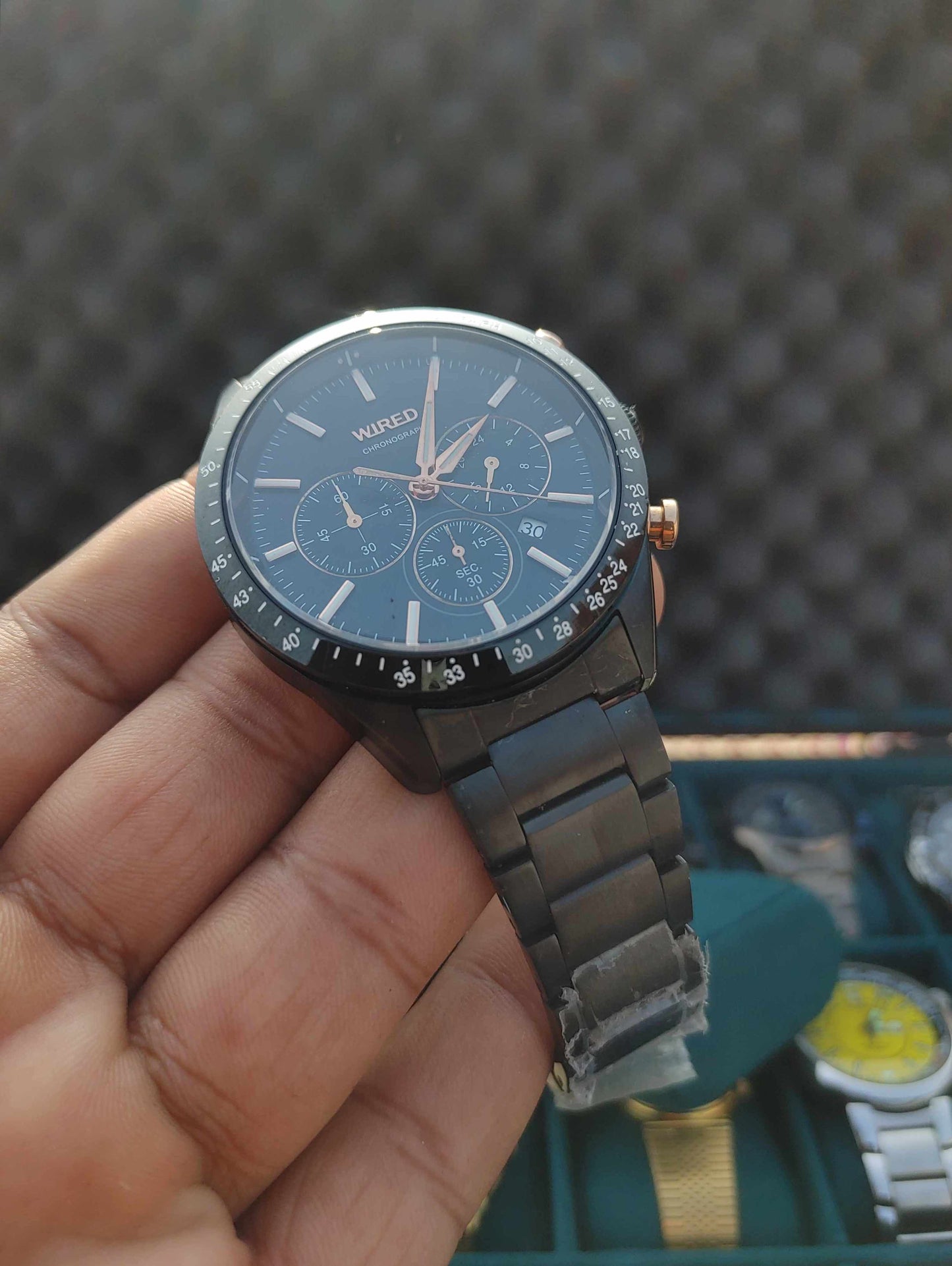 Wired Black Chornograph Watch For Men with Rose Gold Hands Night Illuminous