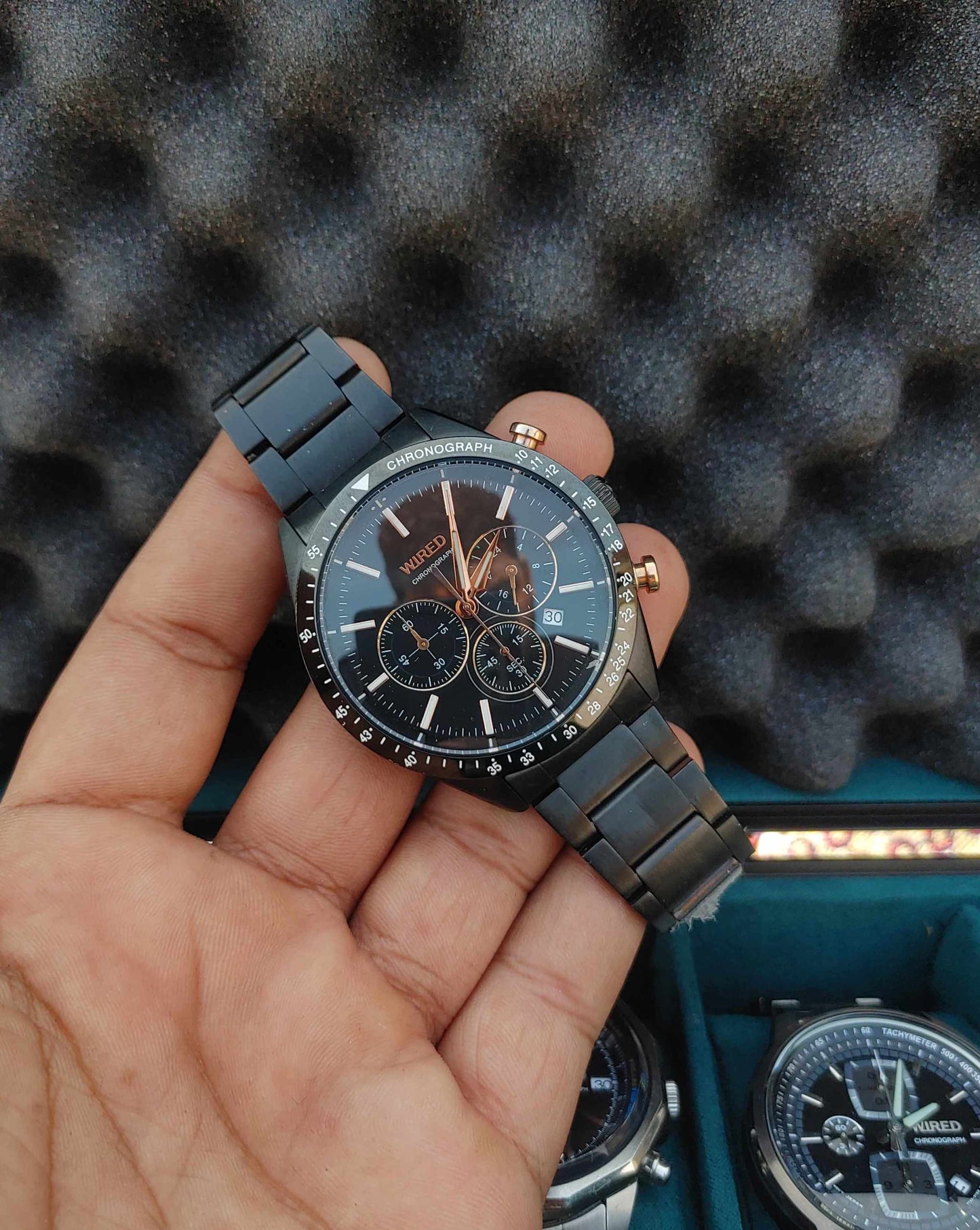 Wired Black Chornograph Watch For Men with Rose Gold Hands Night Illuminous