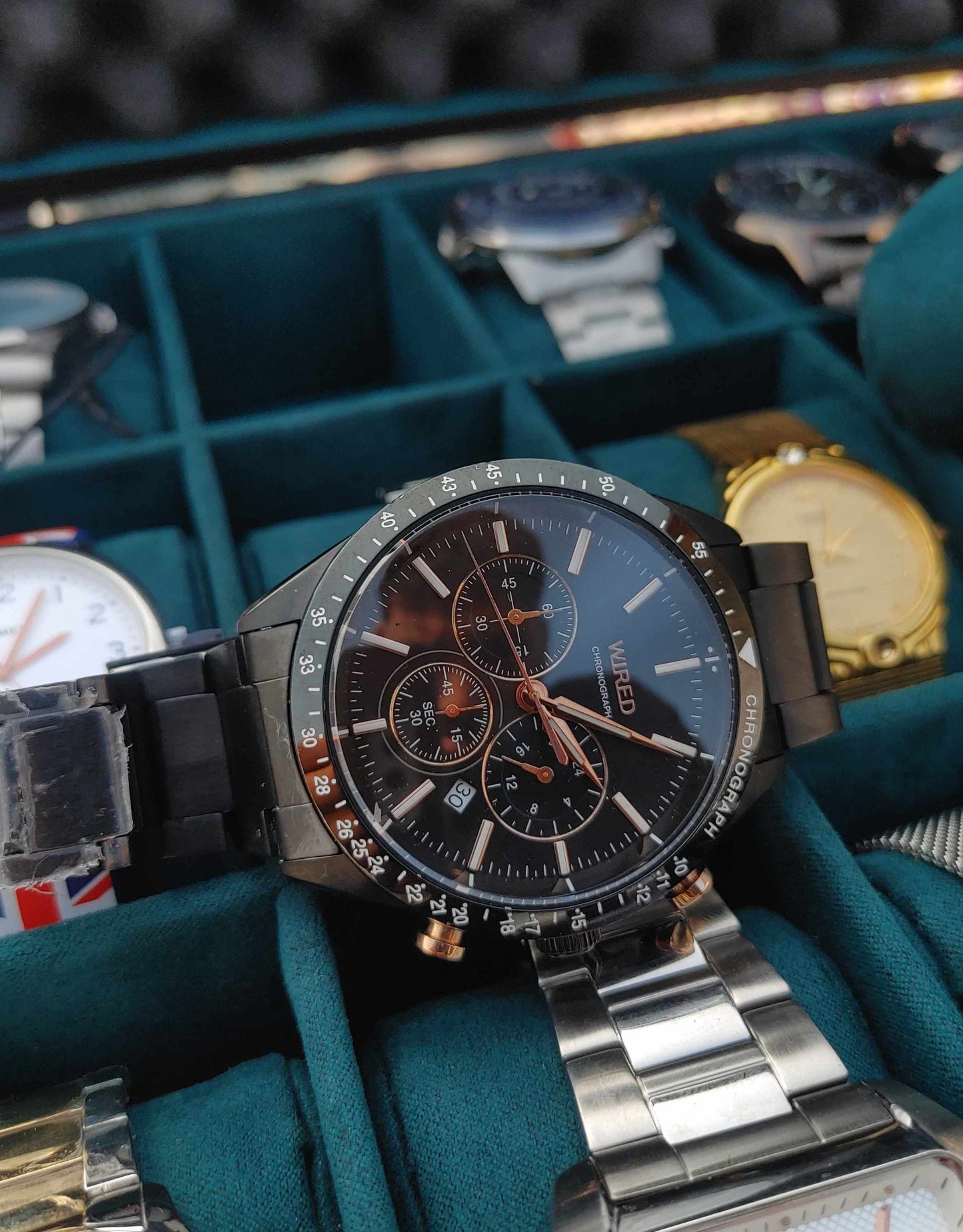 Wired Black Chornograph Watch For Men with Rose Gold Hands Night Illuminous