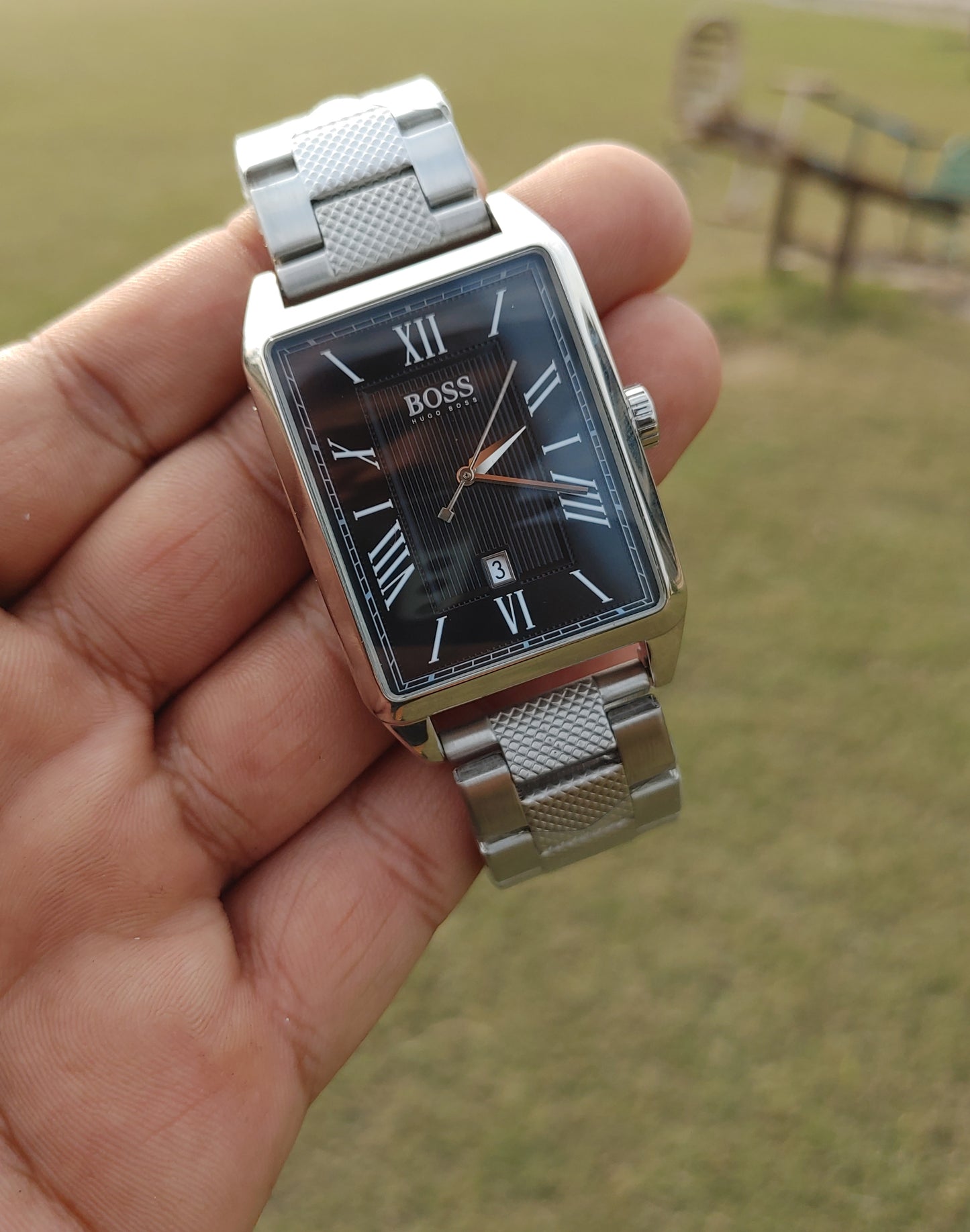 Hugo Boss Orange Stainless Steel Square Black Dial Watch For Men Quartz Movement