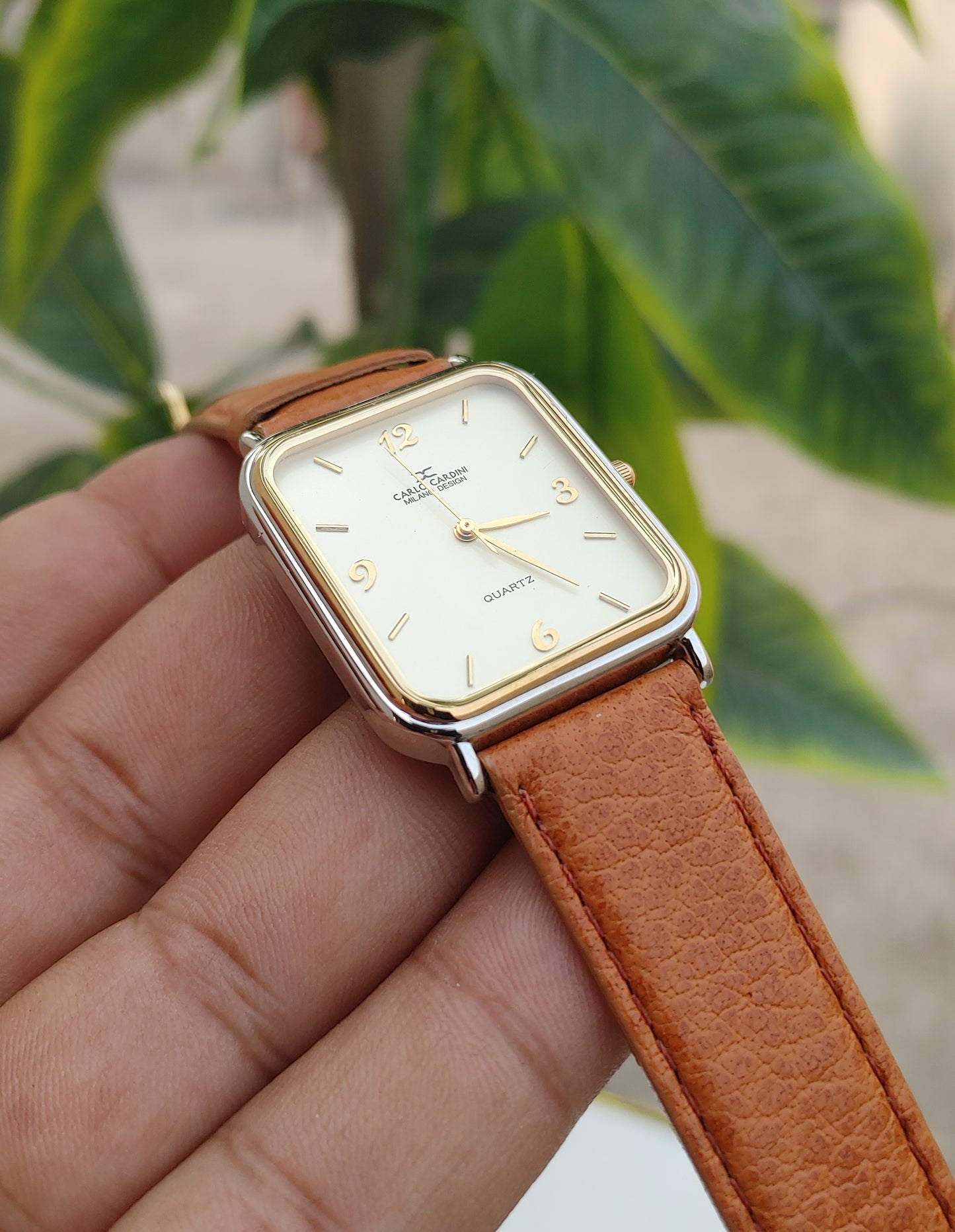 Carlo Cardini Slim Leather Strap Watch Light Brown Leather Quartz Movement Japan