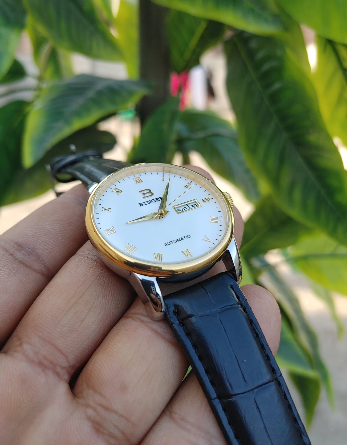 Binger Automatic White Dial Leather Strap 40mm Case Diameter Watch For Men