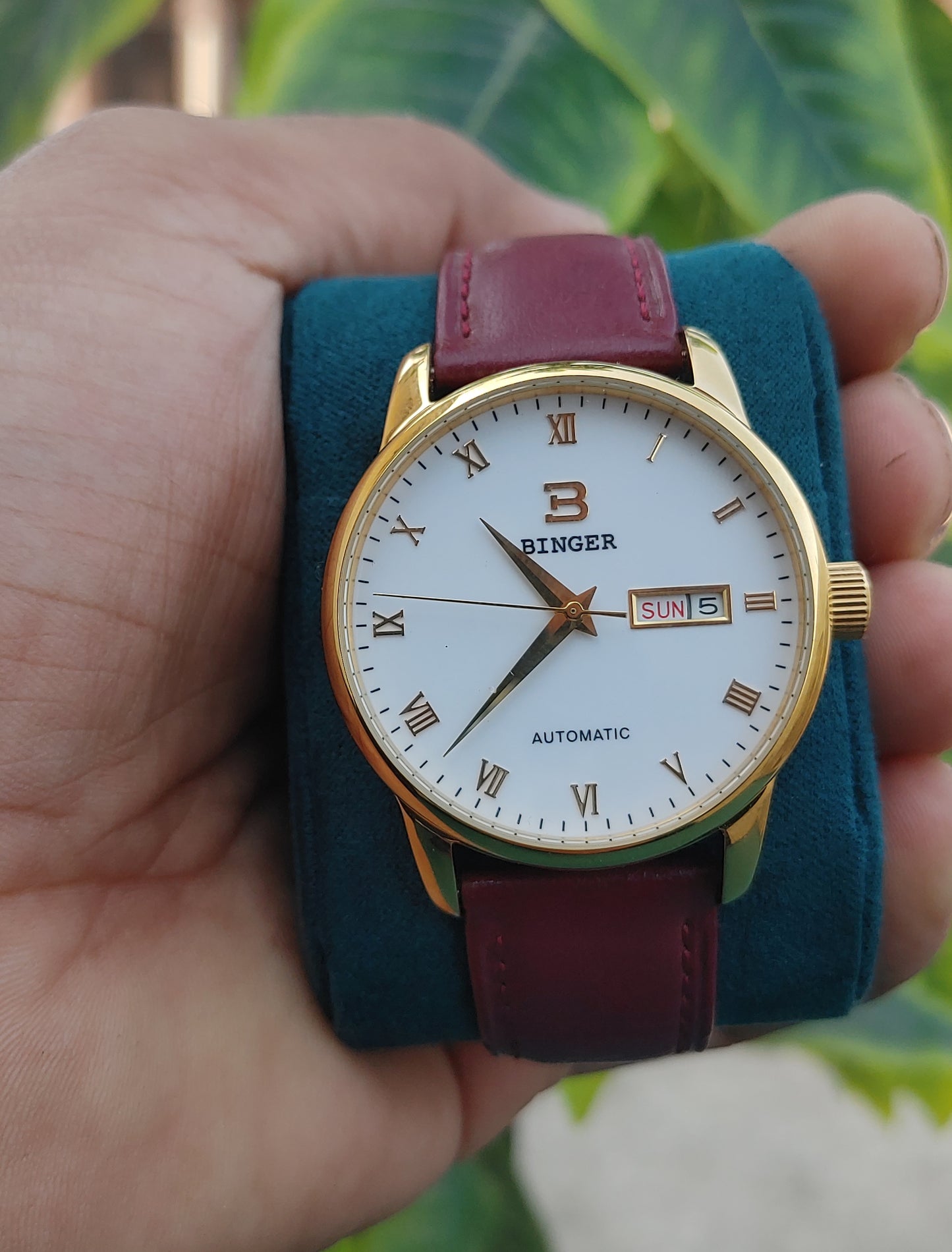 Binger Automatic B5005M-1 With Maroon Colour Leather Strap Watch