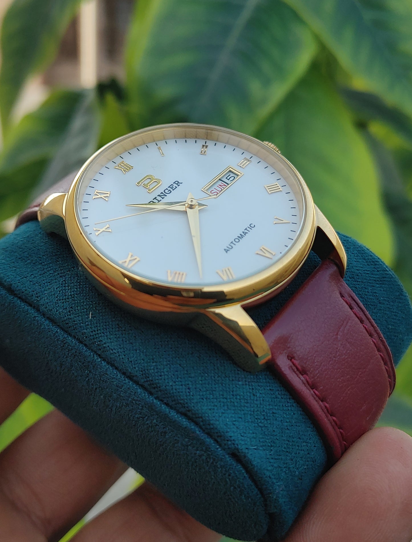 Binger Automatic B5005M-1 With Maroon Colour Leather Strap Watch