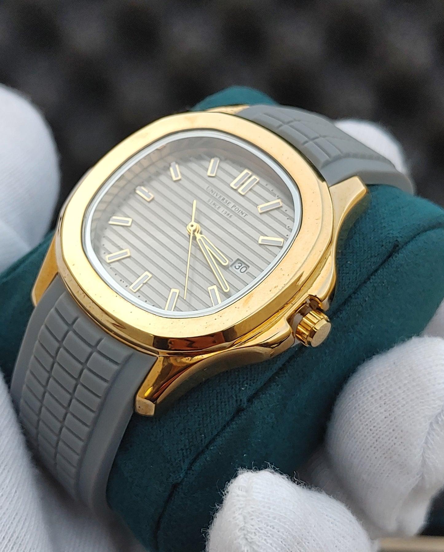 Universe Point Series Golden Watch Grey Rubber Straps Metal Case