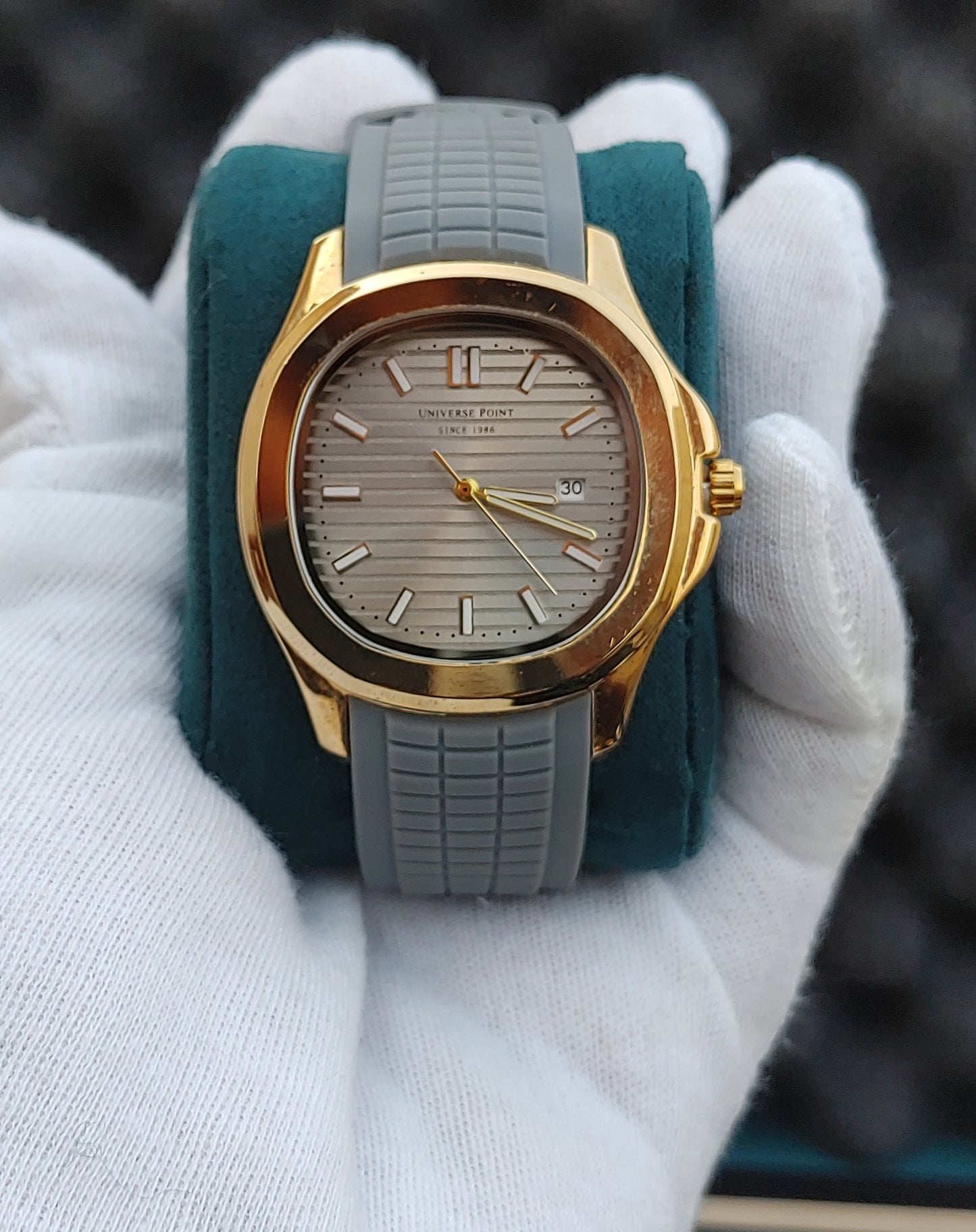 Universe Point Series Golden Watch Grey Rubber Straps Metal Case