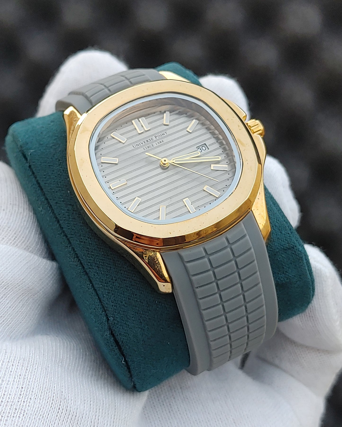Universe Point Series Golden Watch Grey Rubber Straps Metal Case