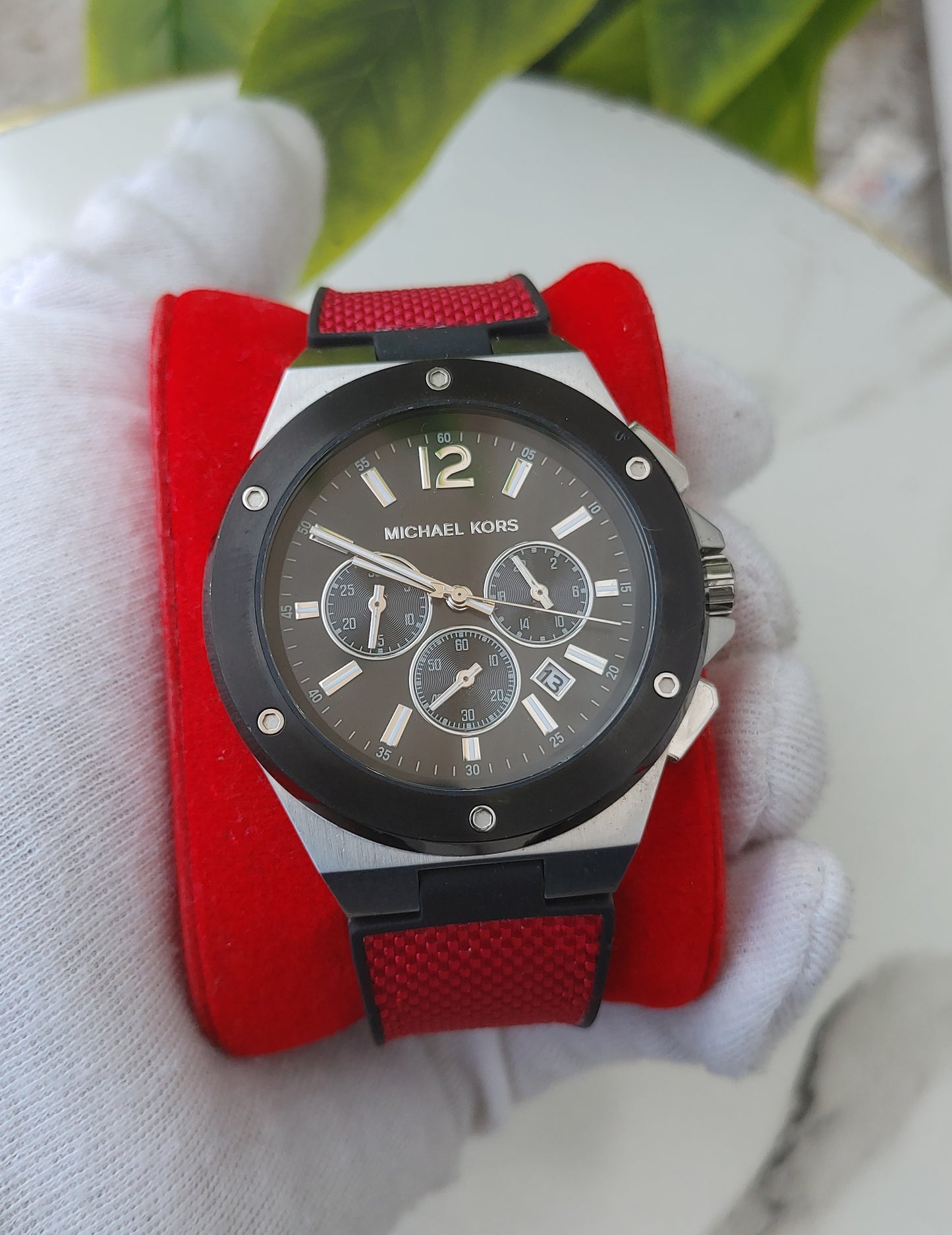 Michael Kors Lennox MK8943 Men's Stainless Steel Quartz Watch with Nylon Strap – Black/Red