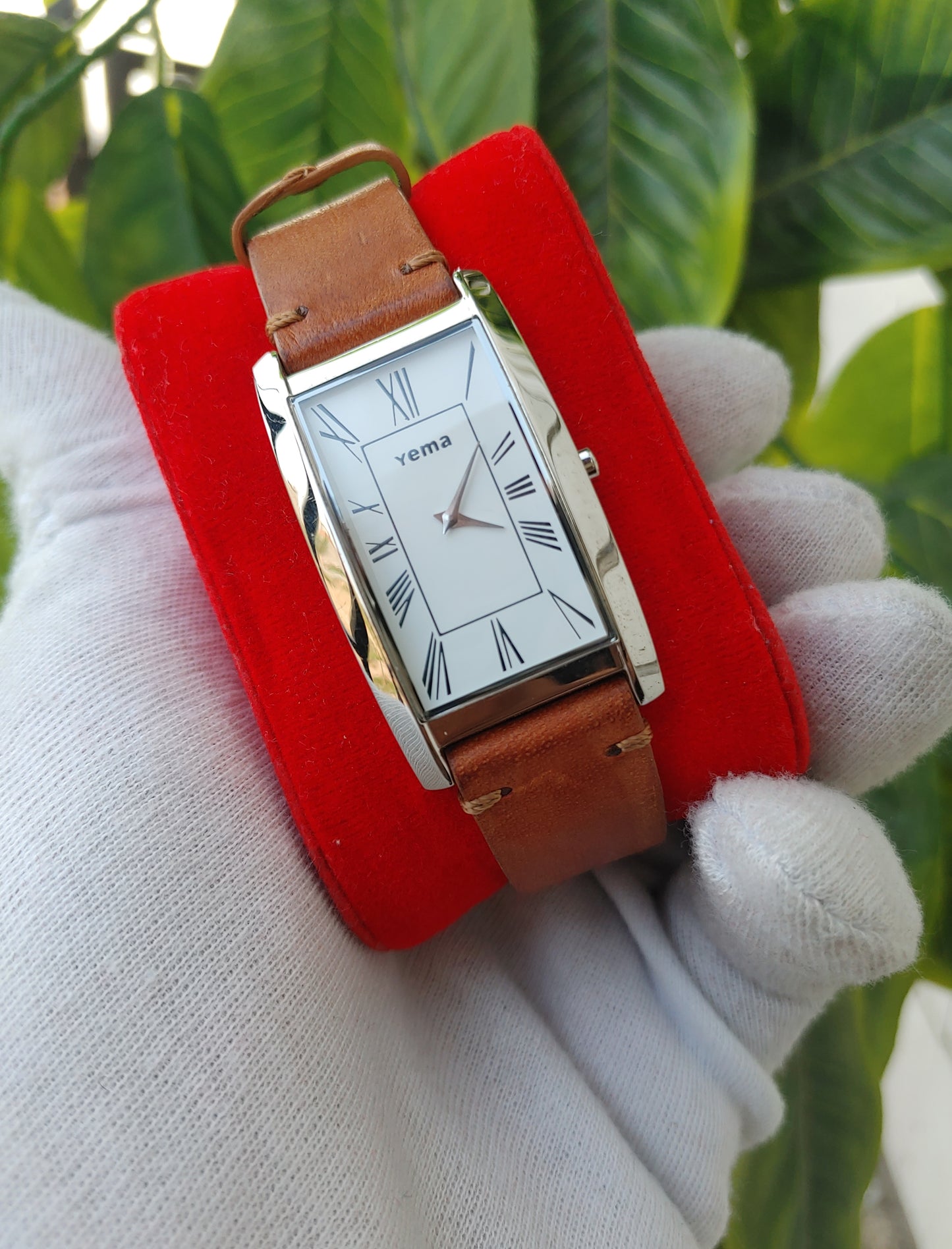 YEMA Paris YM 480 Men's Silver-Tone Quartz Tank Watch with Brown Leather Strap