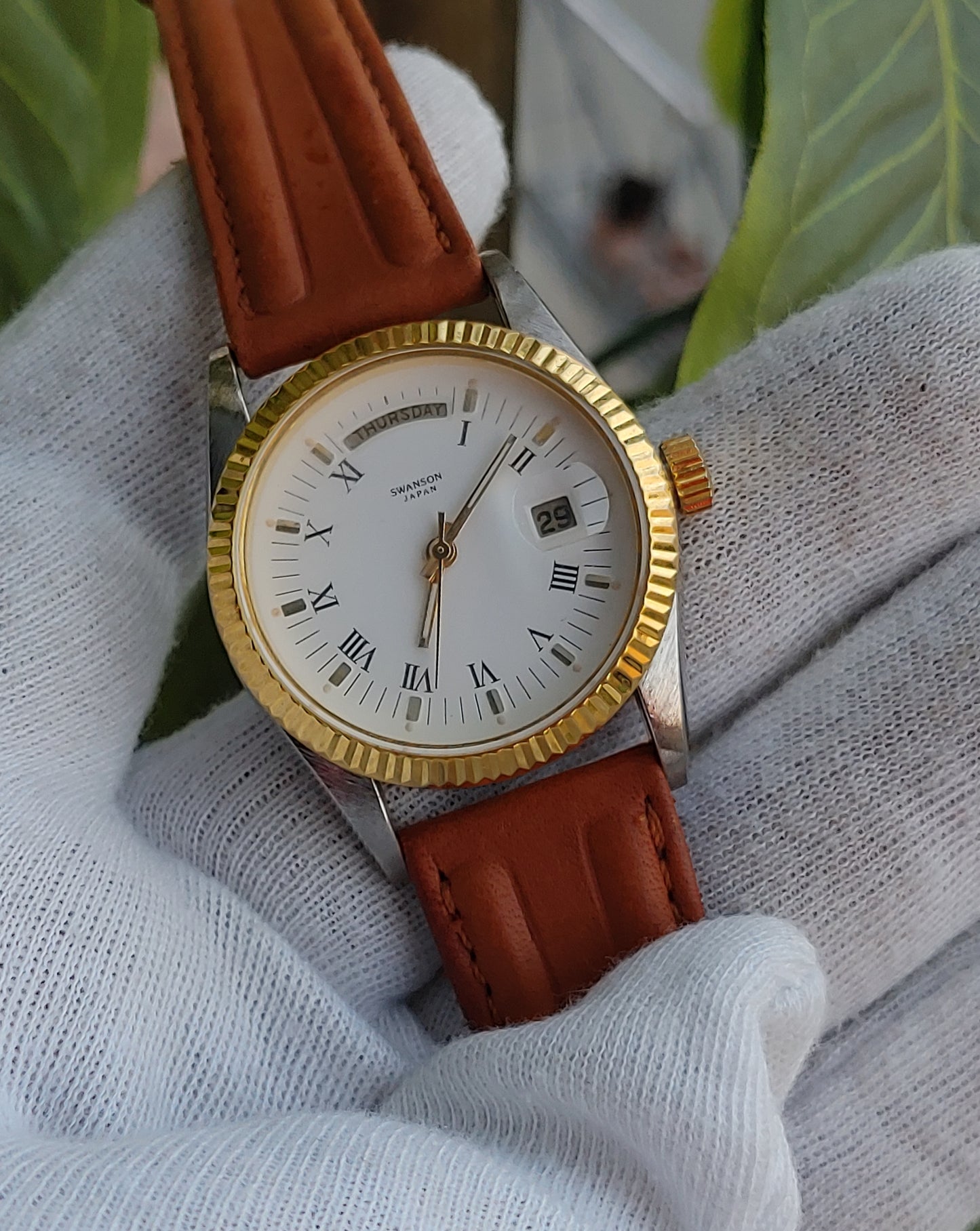 Swanson Vintage Day Date Leather Strap Men's Watch