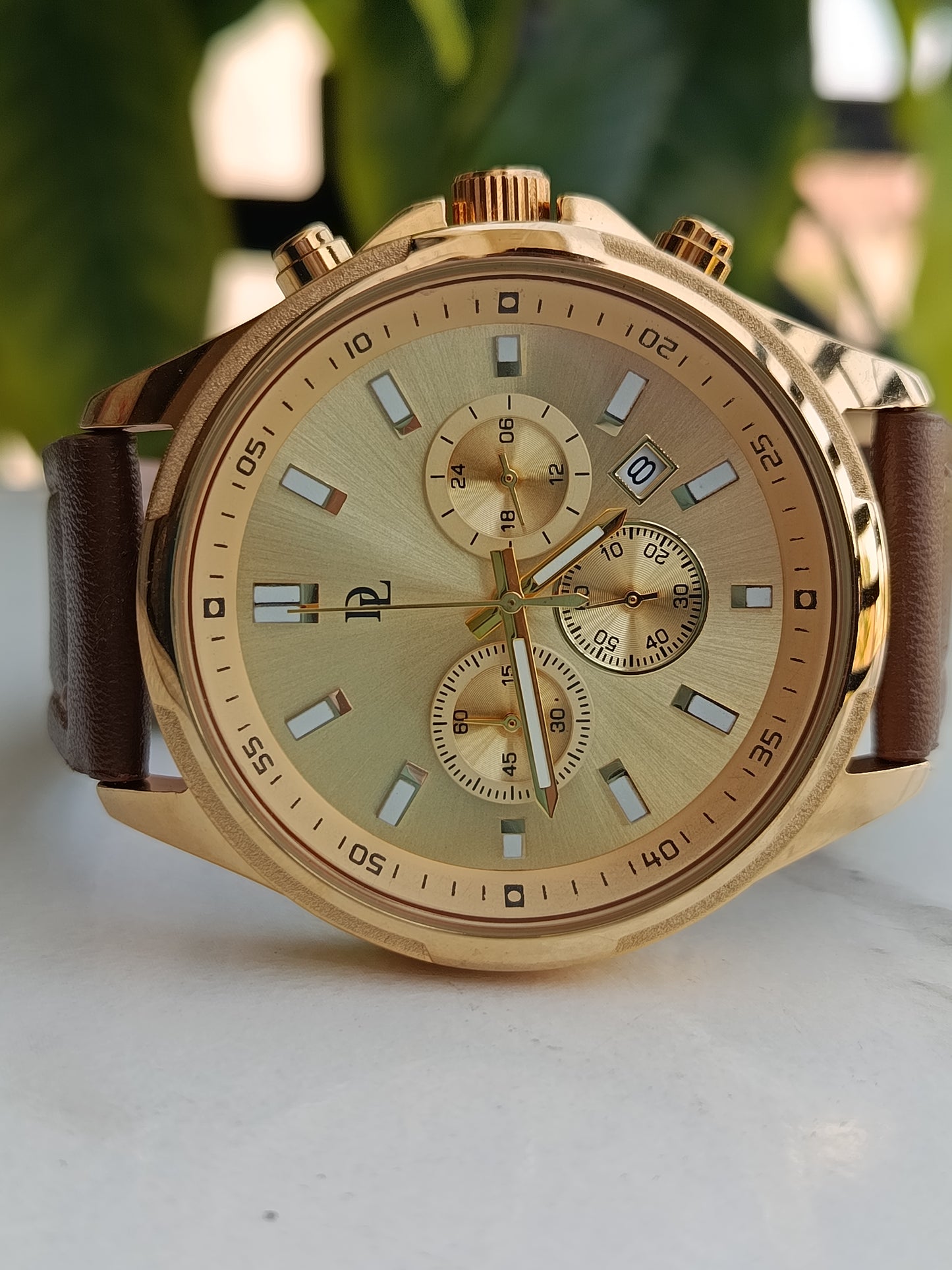 De Lawrence Golden Dial Brown Leather Strap Men's Watch