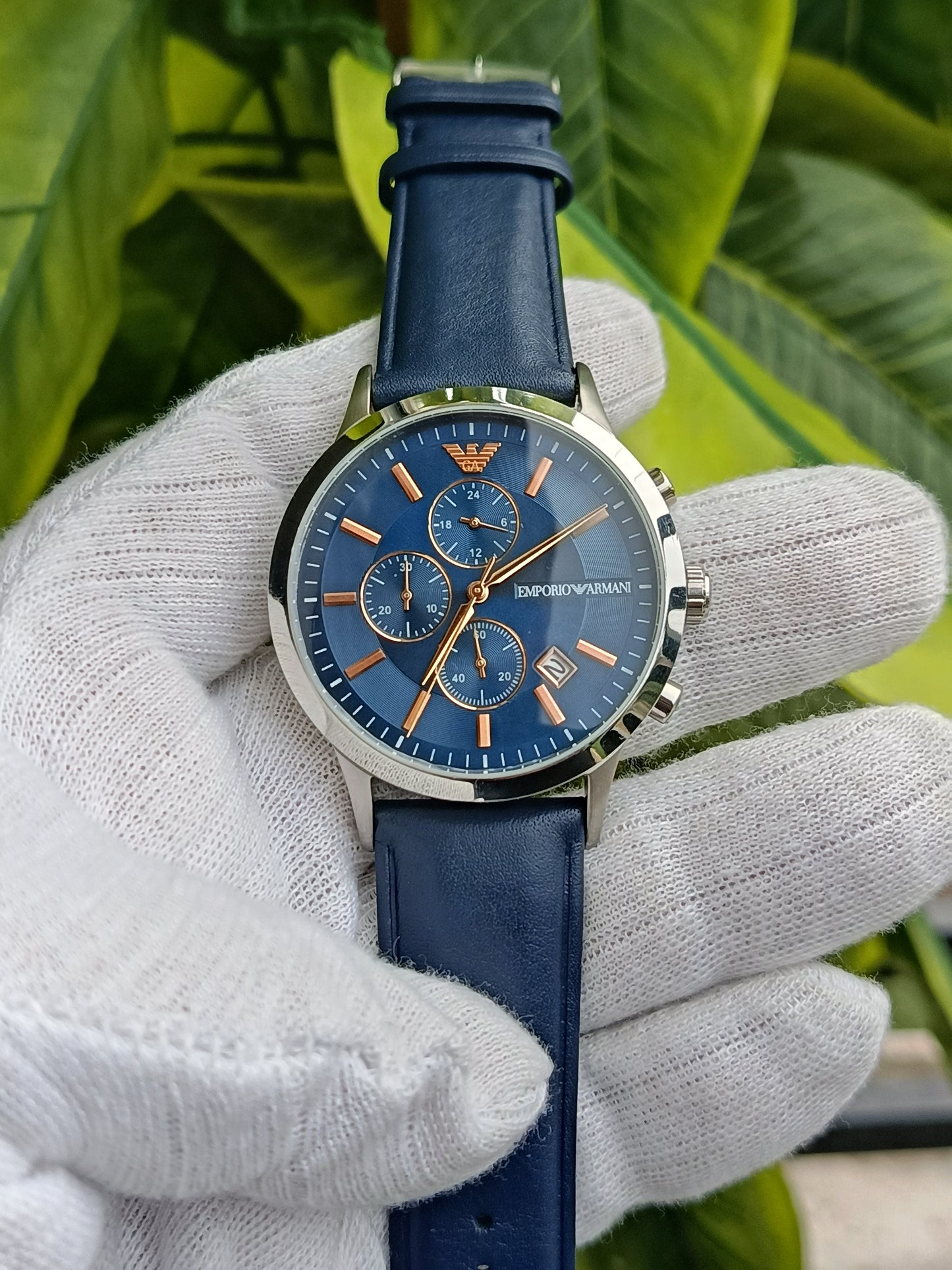 Emporio Armani Renato Blue Dial Chronograph Watch with Blue Leather Strap for Men - AR11216