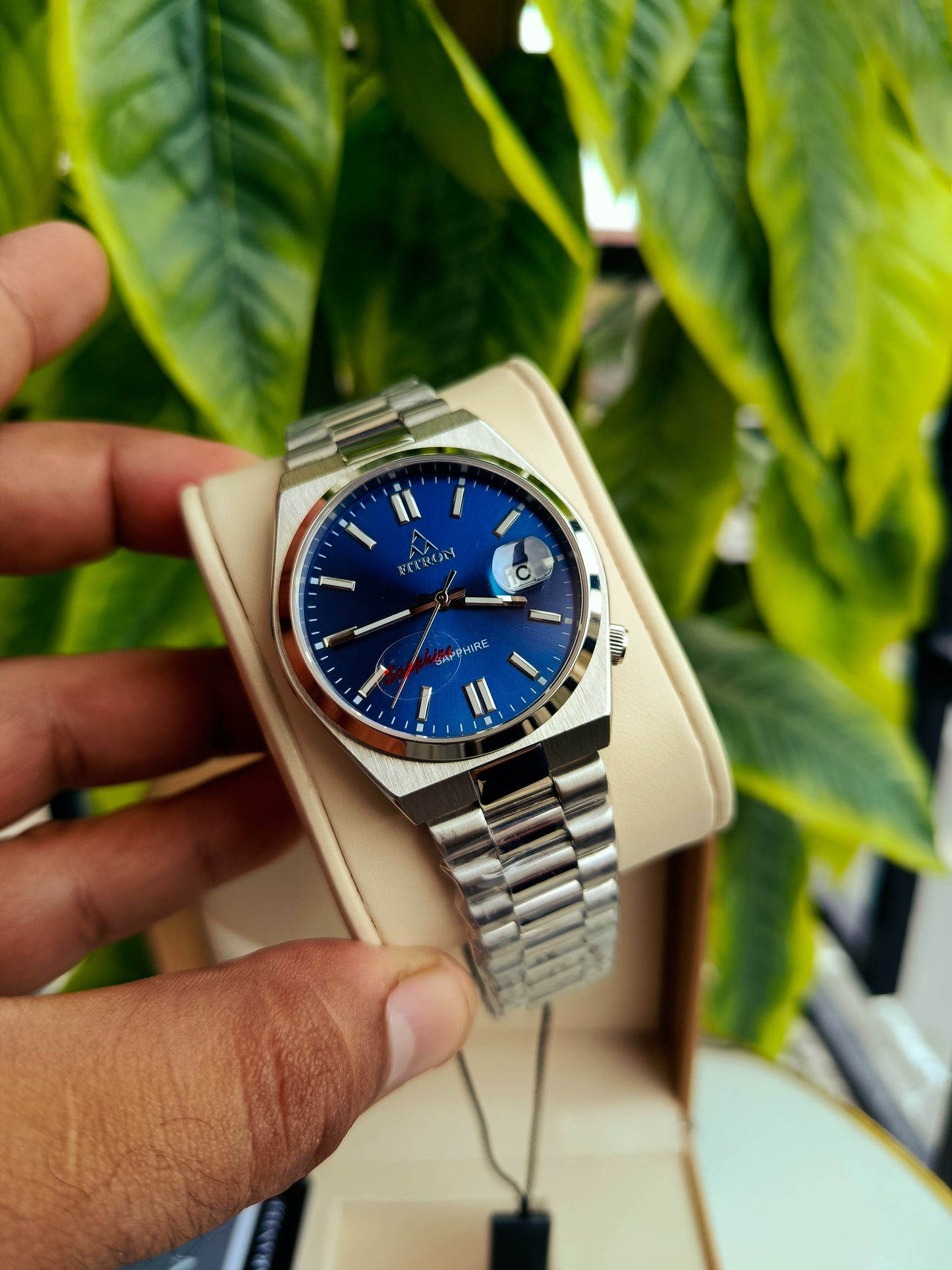 Fitron Blue Dial Watch with Date – Japanese Quartz Movement, Sapphire Glass, Stainless Steel | Box & Warranty Card