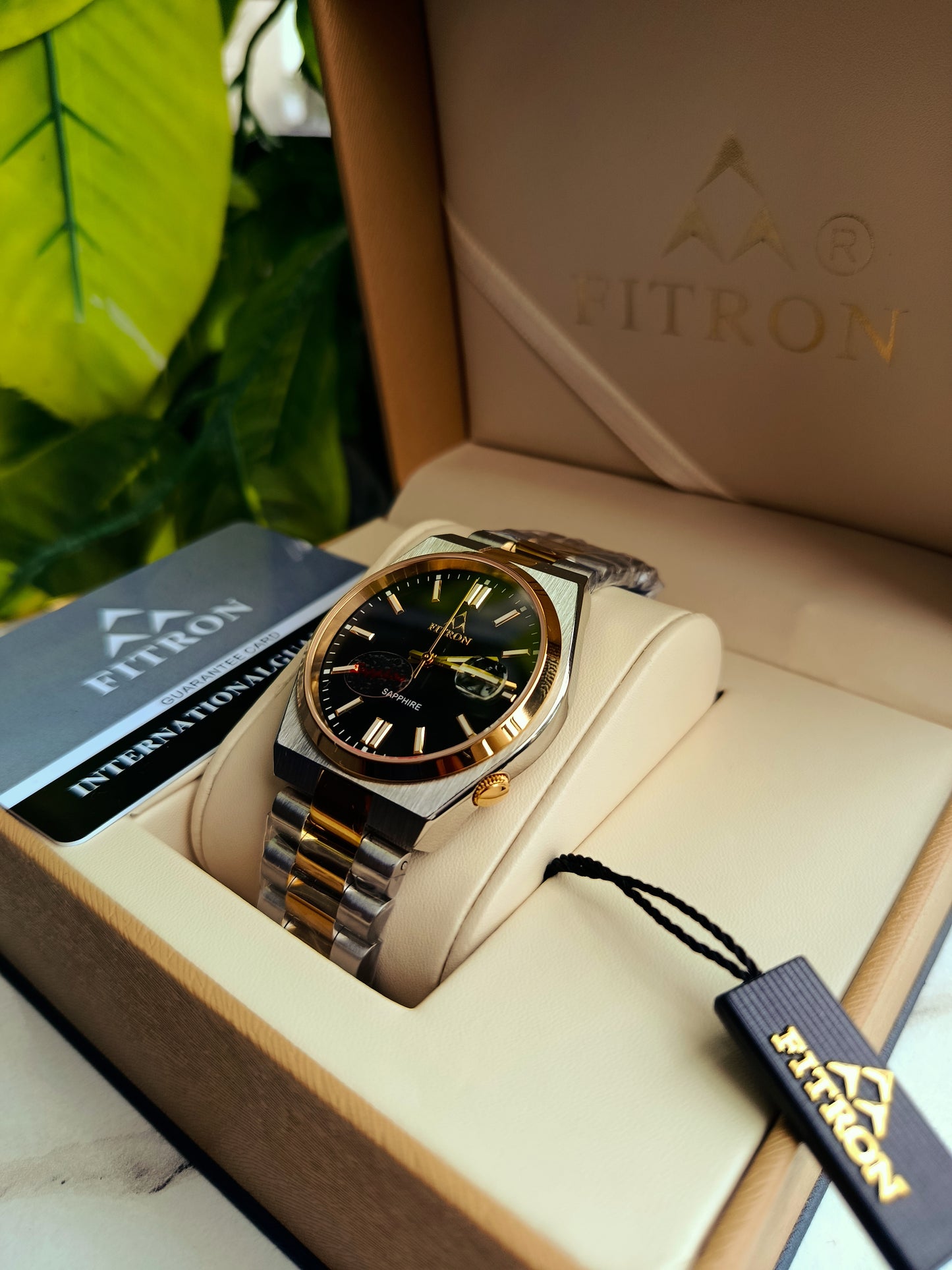 Fitron Black Dial Gold Tone Watch – Japanese Quartz Movement, Sapphire Glass, Stainless Steel | Original Box & Warranty Card Included