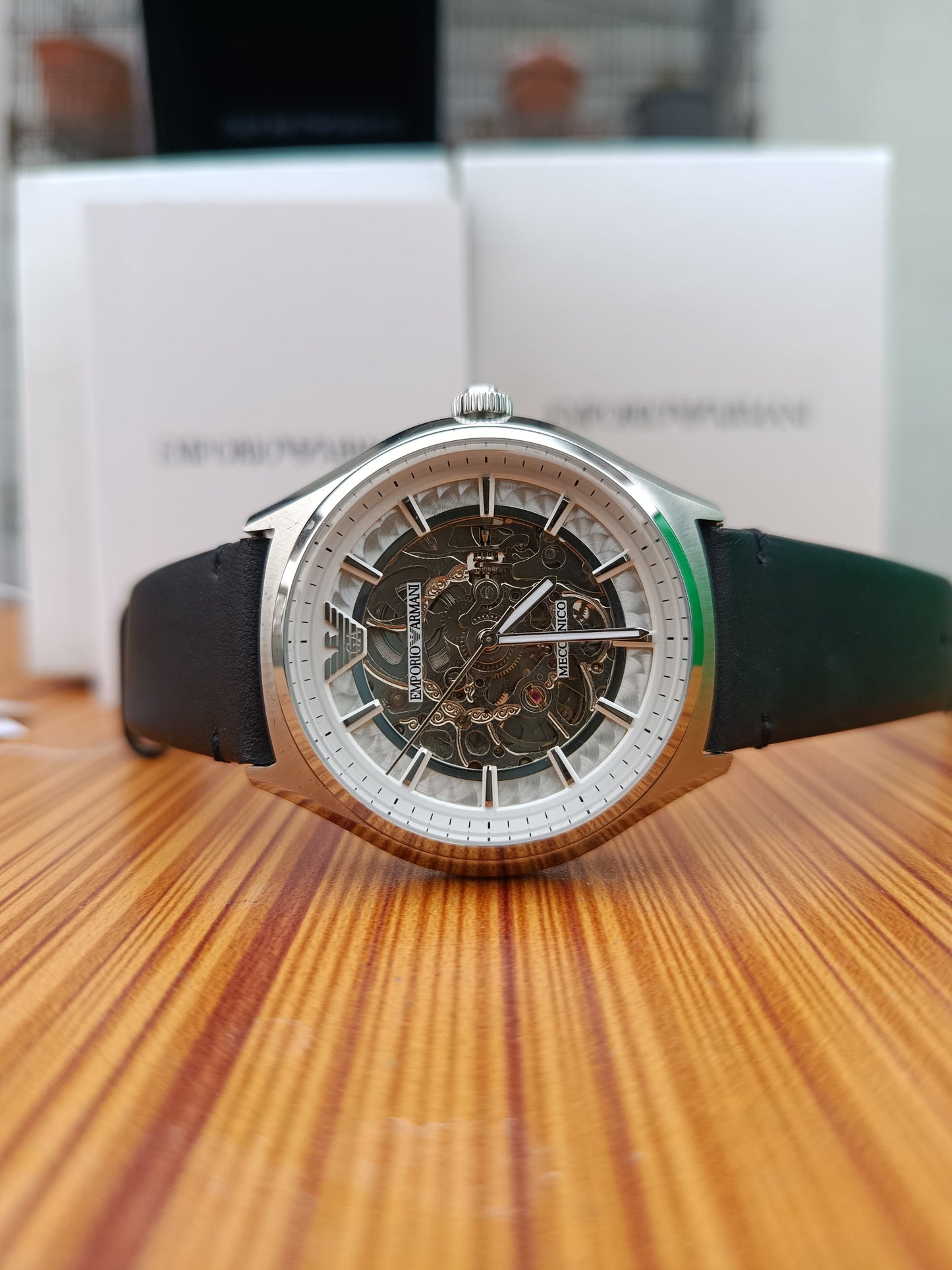 Emporio Armani AR60003 Men’s Automatic Watch | Skeleton Dial Black Leather Strap