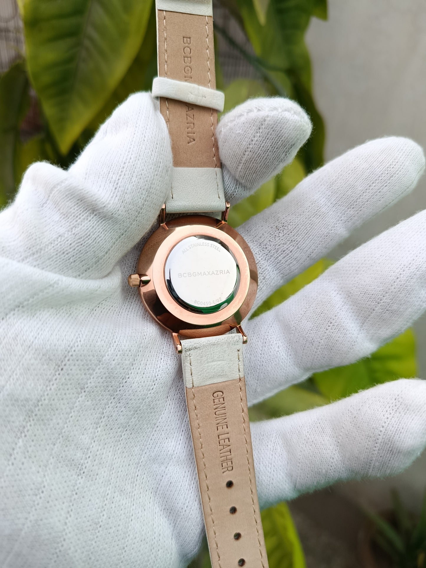 BCBGMAXAZRIA Women’s Rose Gold Crystal Dial White Leather Strap Quartz Watch