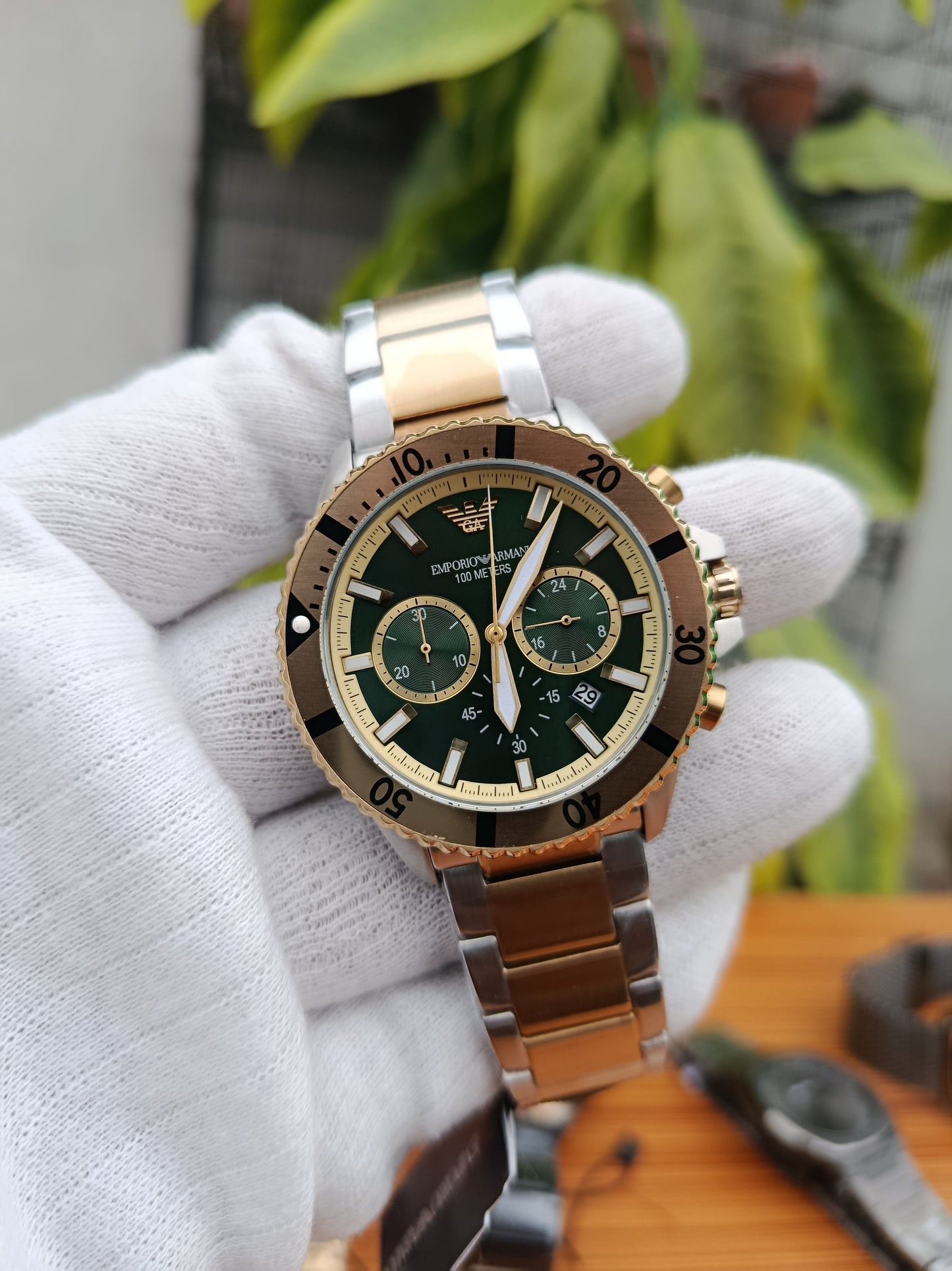 Emporio Armani AR11586 Men’s Quartz Watch | Green Dial Two-Tone Stainless Steel 43mm