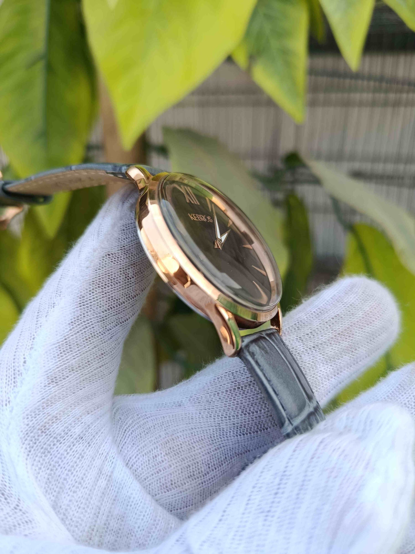 Kebros Men’s Elegant Rose Gold Watch with Slate Grey Croc-Embossed Leather Strap